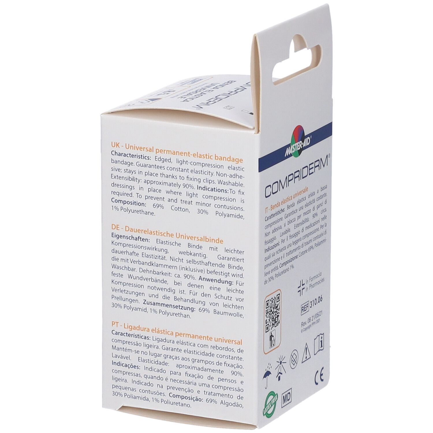 Confezione di Compriderm Benda elastica. Testo in tedesco, inglese e portoghese. Informazioni sul prodotto.