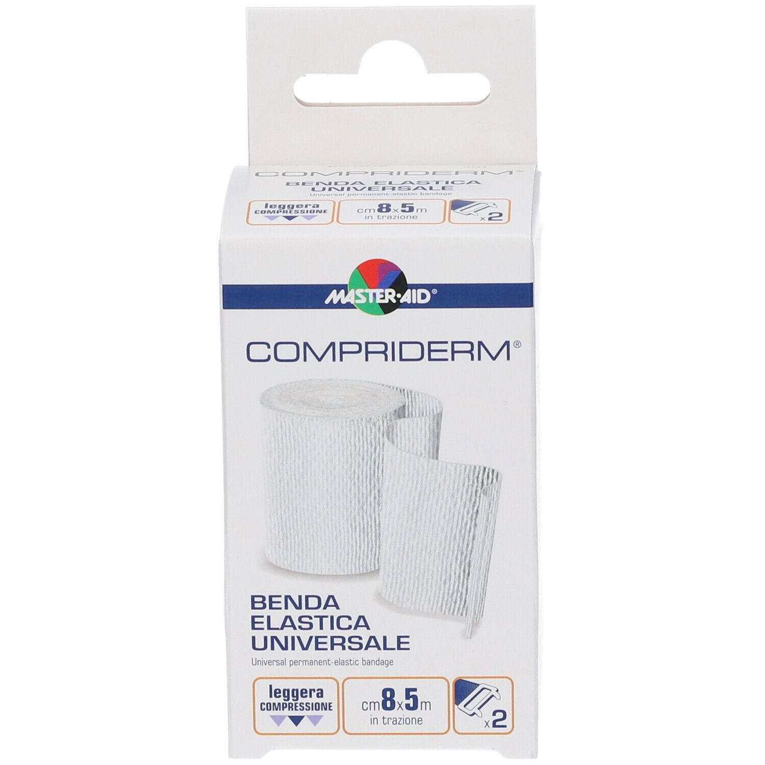 Confezione di Compriderm Benda elastica. Rotolo e benda bianchi. Marchio MASTER-AID® e nome del prodotto visibili.