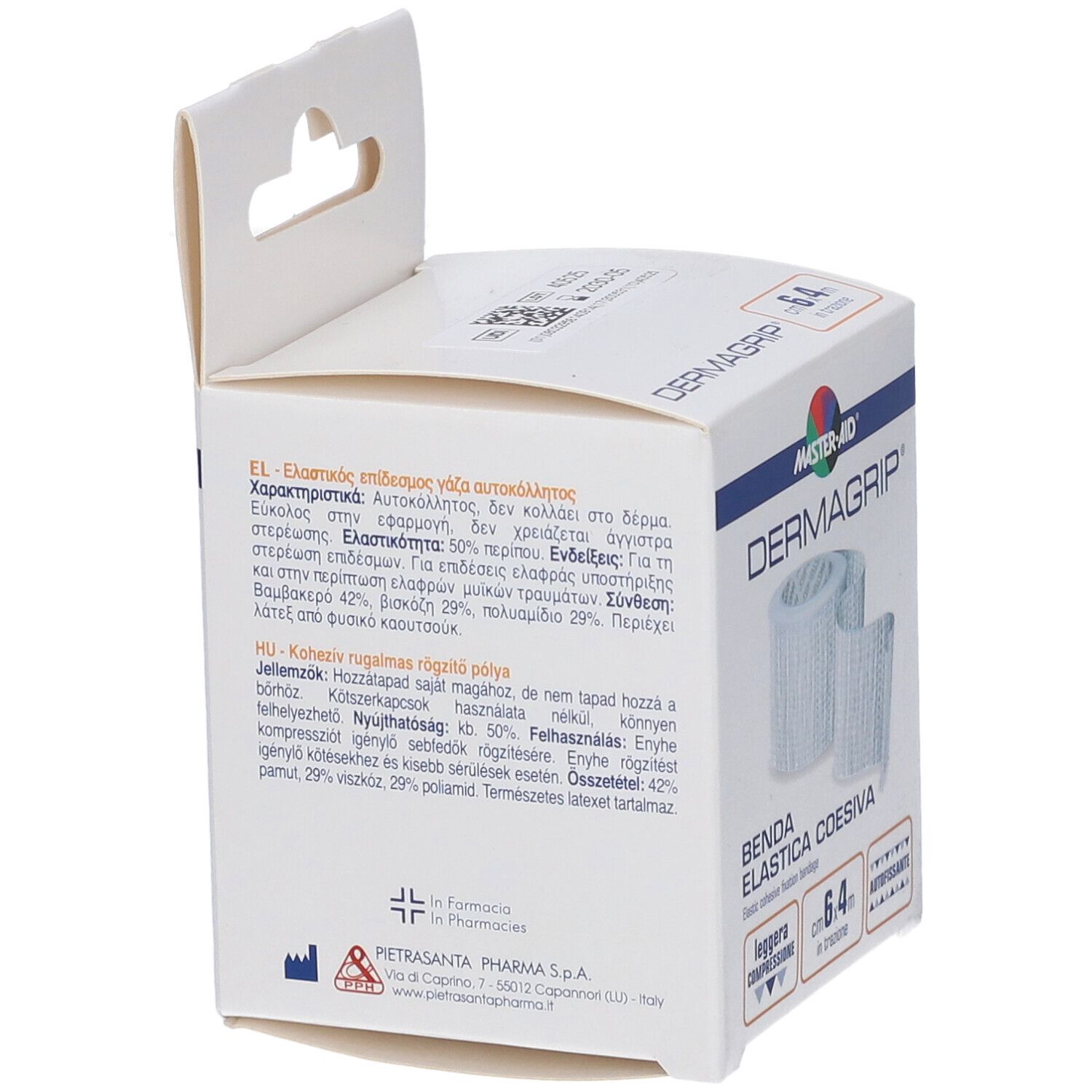 Retro della confezione MASTER-AID Dermagrip. Testo multilingue. Informazioni sul prodotto e composizione.