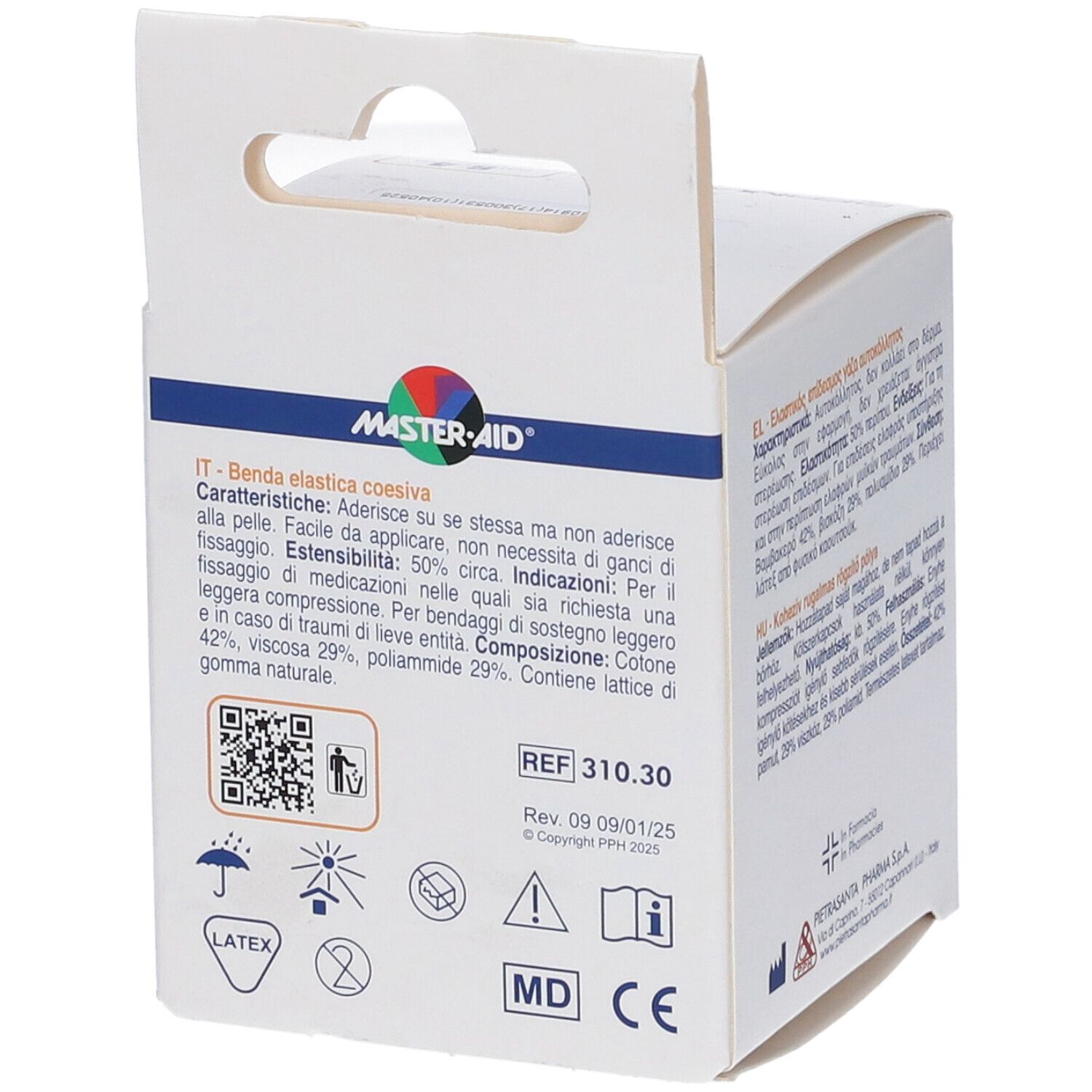 Retro della confezione MASTER-AID Dermagrip. Testo in italiano. Informazioni sul prodotto e composizione.