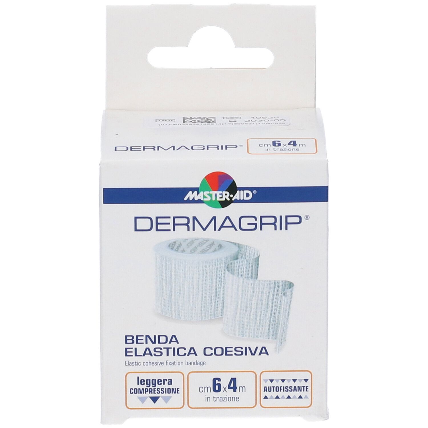 Confezione di MASTER-AID Dermagrip. Benda elastica bianca. Scritte: Dermagrip, Benda elastica coesiva, cm 6,4m.