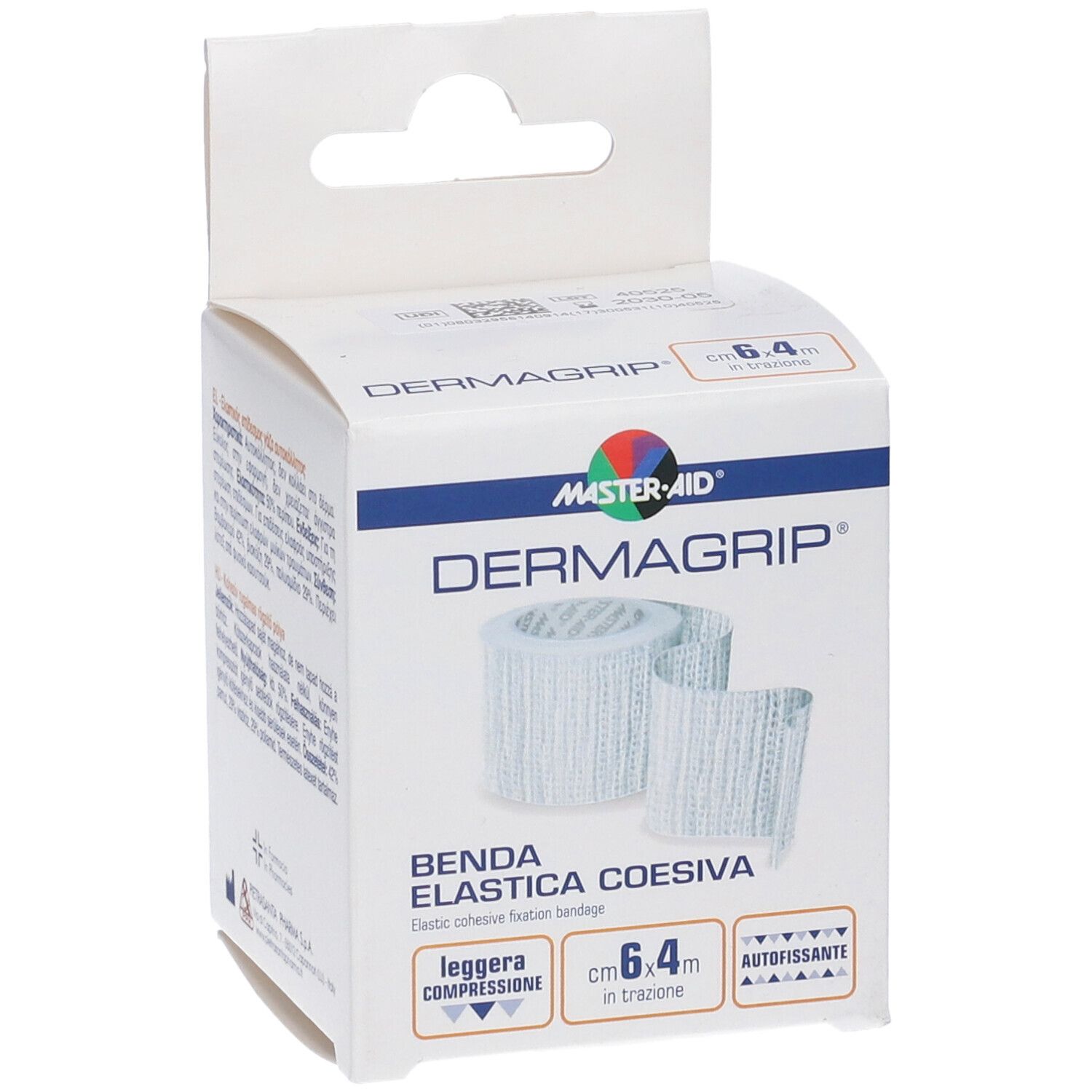 Confezione di MASTER-AID Dermagrip. Benda elastica bianca. Scritte: Dermagrip, Benda elastica coesiva, cm 6,4m.