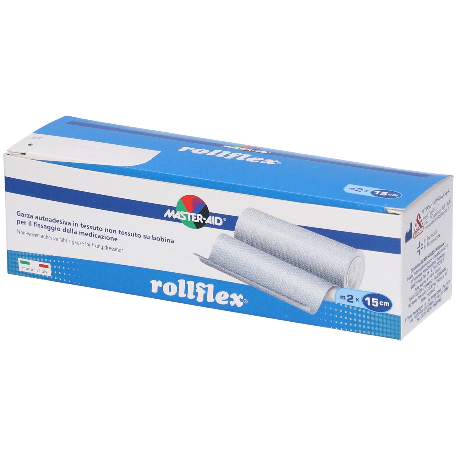 Confezione Master-Aid Rollflex. Fissaggio autoadesivo. 2 rotoli, 15cm. Scatola blu con immagine e testo del prodotto.
