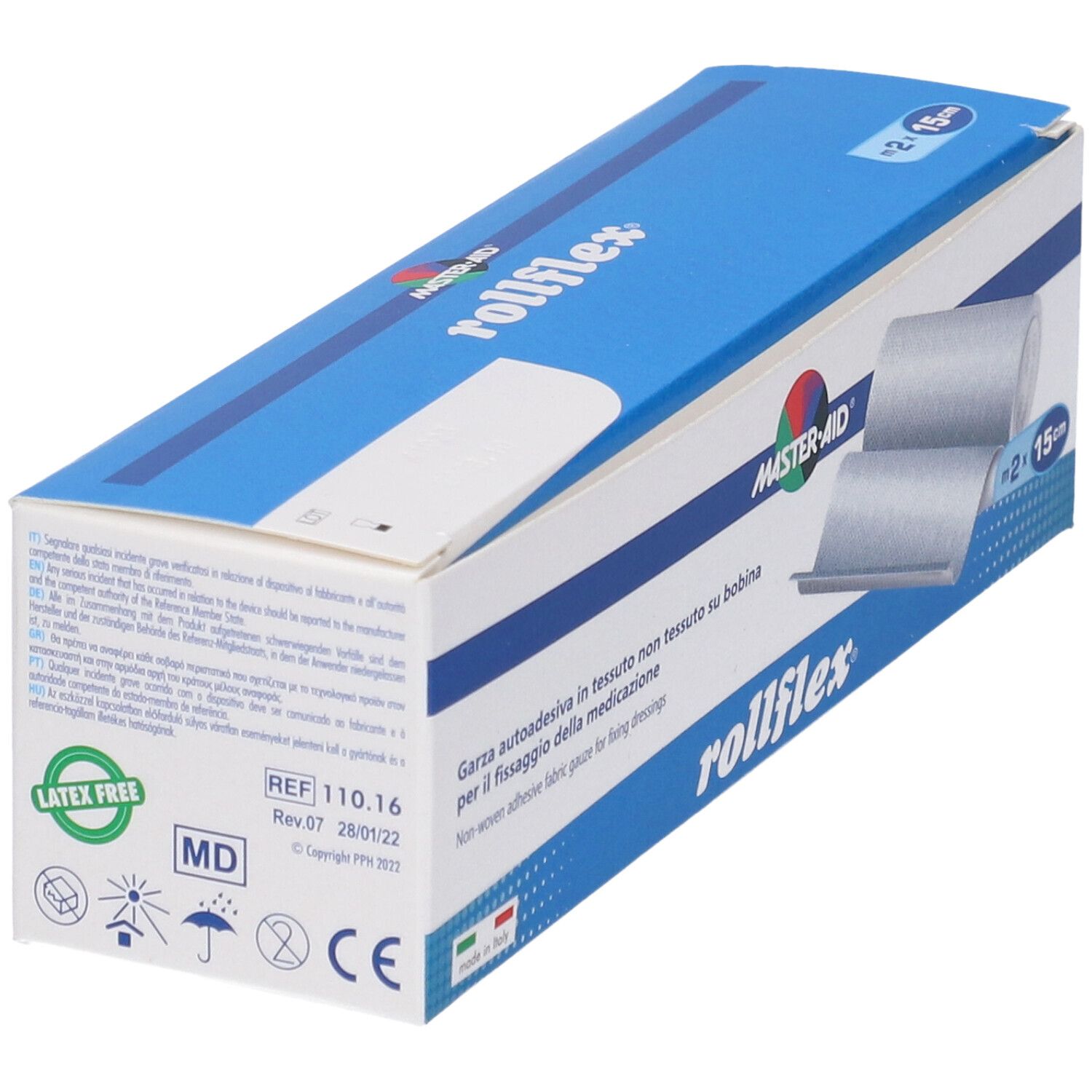 Confezione Master-Aid Rollflex. Fissaggio autoadesivo. 2 rotoli, 15cm. Scatola blu con immagine e testo del prodotto.