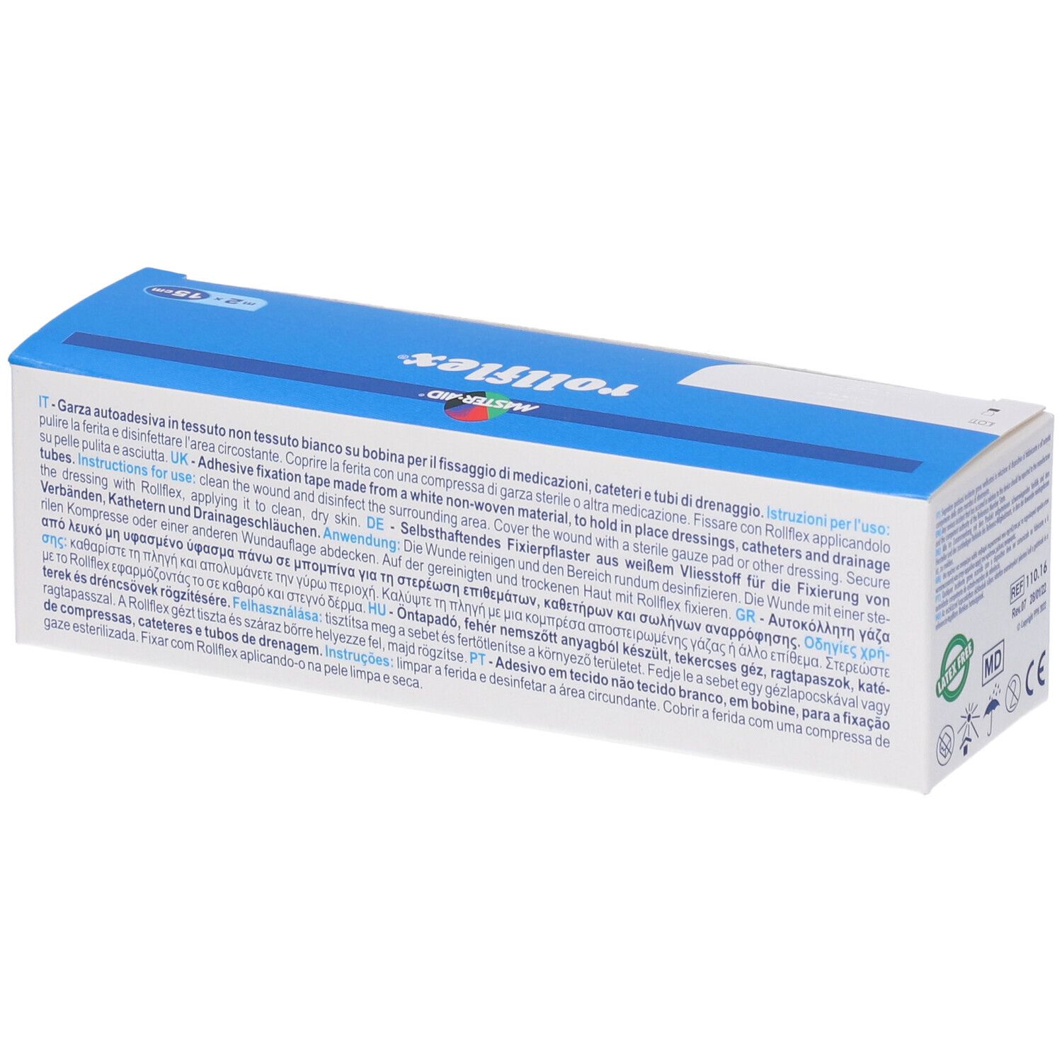 Confezione Master-Aid Rollflex. Fissaggio autoadesivo. Scatola blu con informazioni e certificazioni del prodotto.