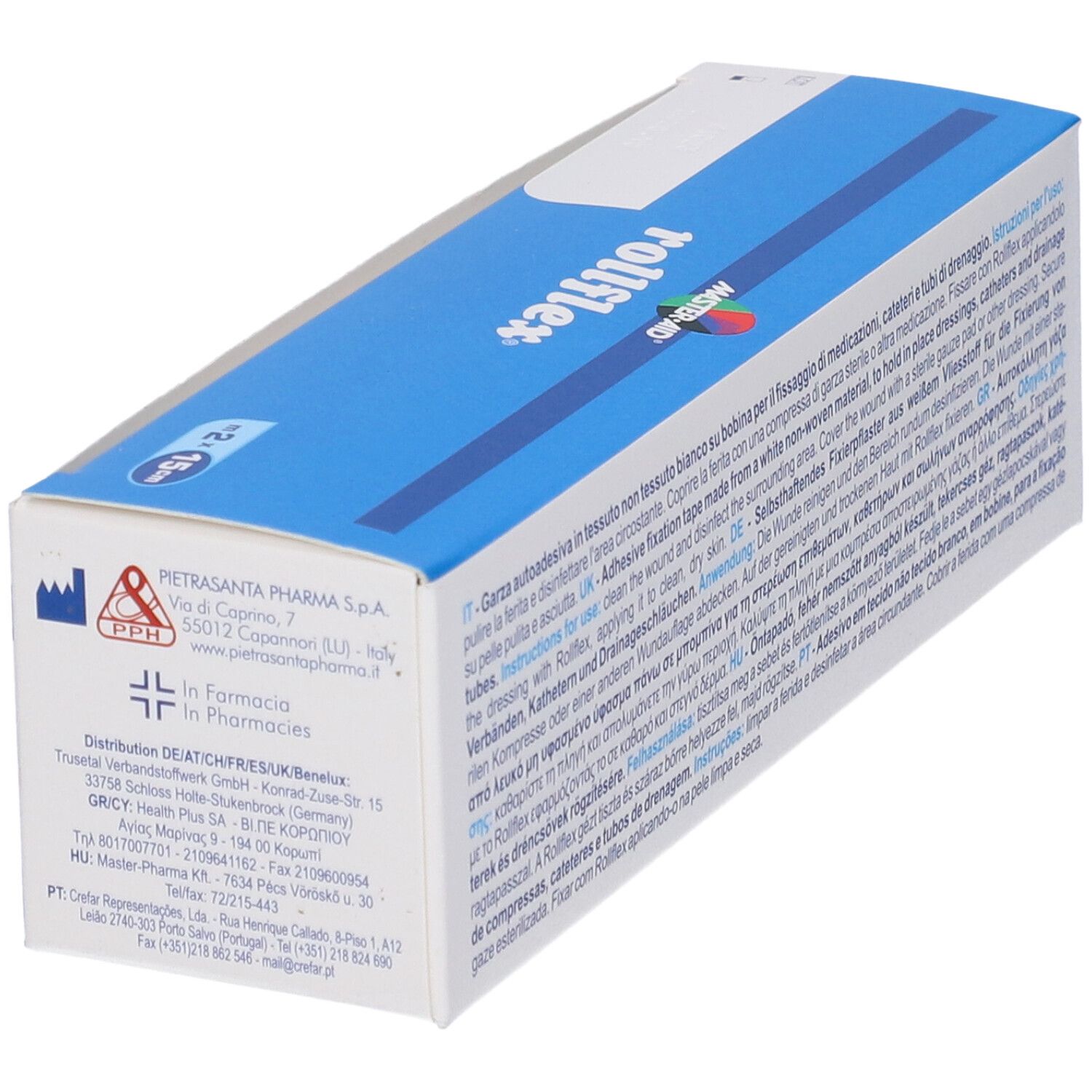 Confezione Master-Aid Rollflex. Fissaggio autoadesivo. Scatola blu con informazioni e indirizzo del produttore.