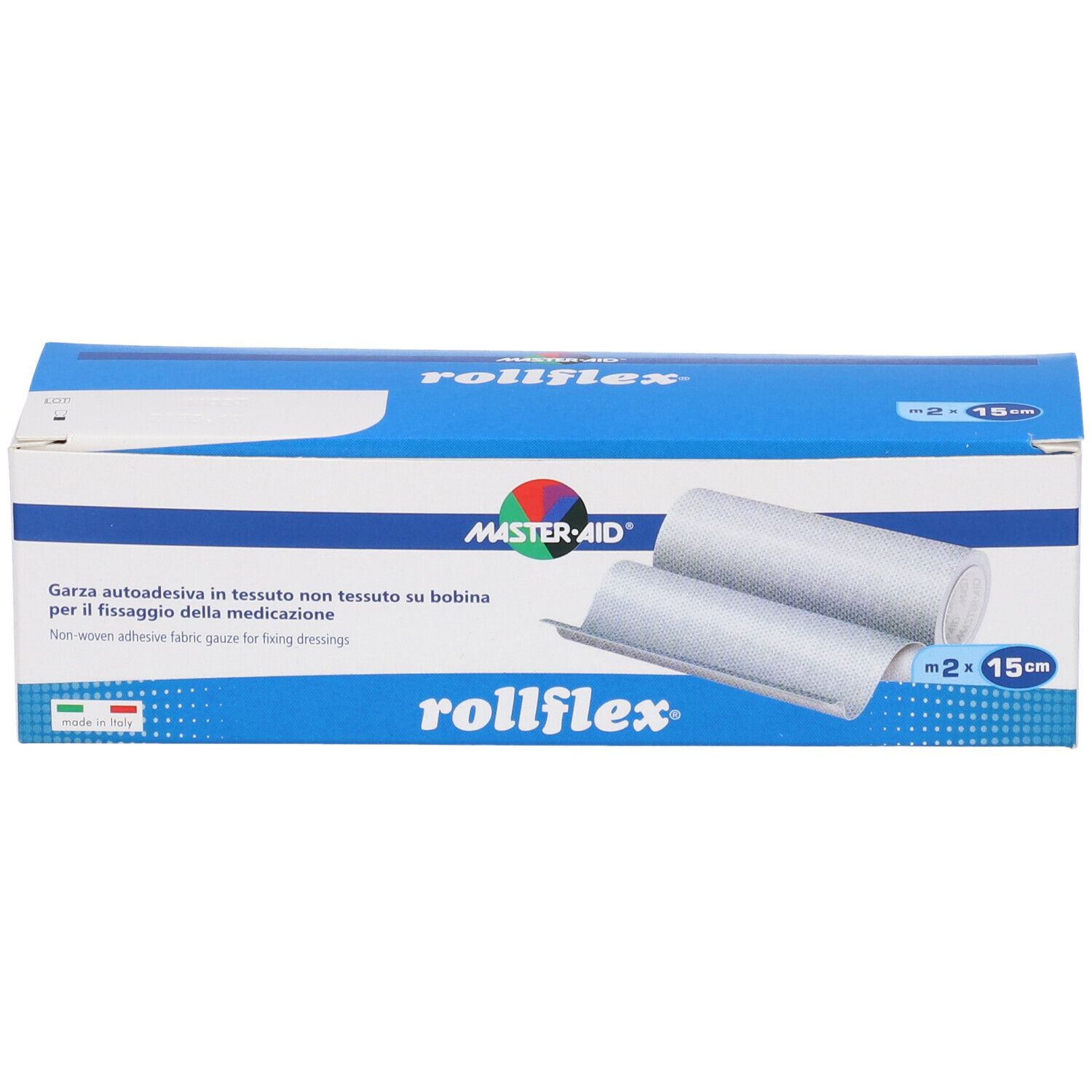 Confezione Master-Aid Rollflex. Fissaggio autoadesivo. 2 rotoli, 15cm. Scatola blu con immagine e testo del prodotto.