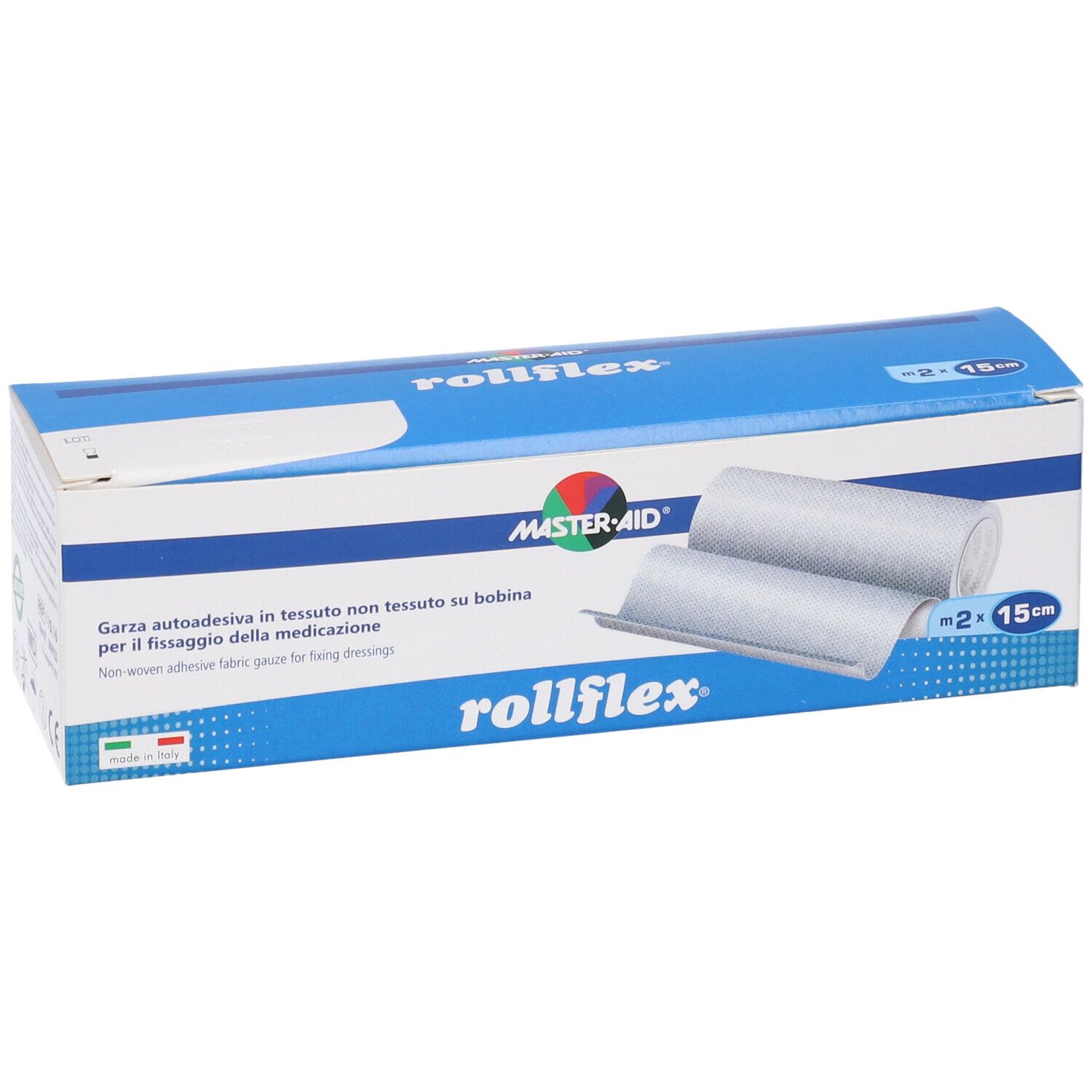 Confezione Master-Aid Rollflex. Fissaggio autoadesivo. 2 rotoli, 15cm. Scatola blu con immagine e testo del prodotto.