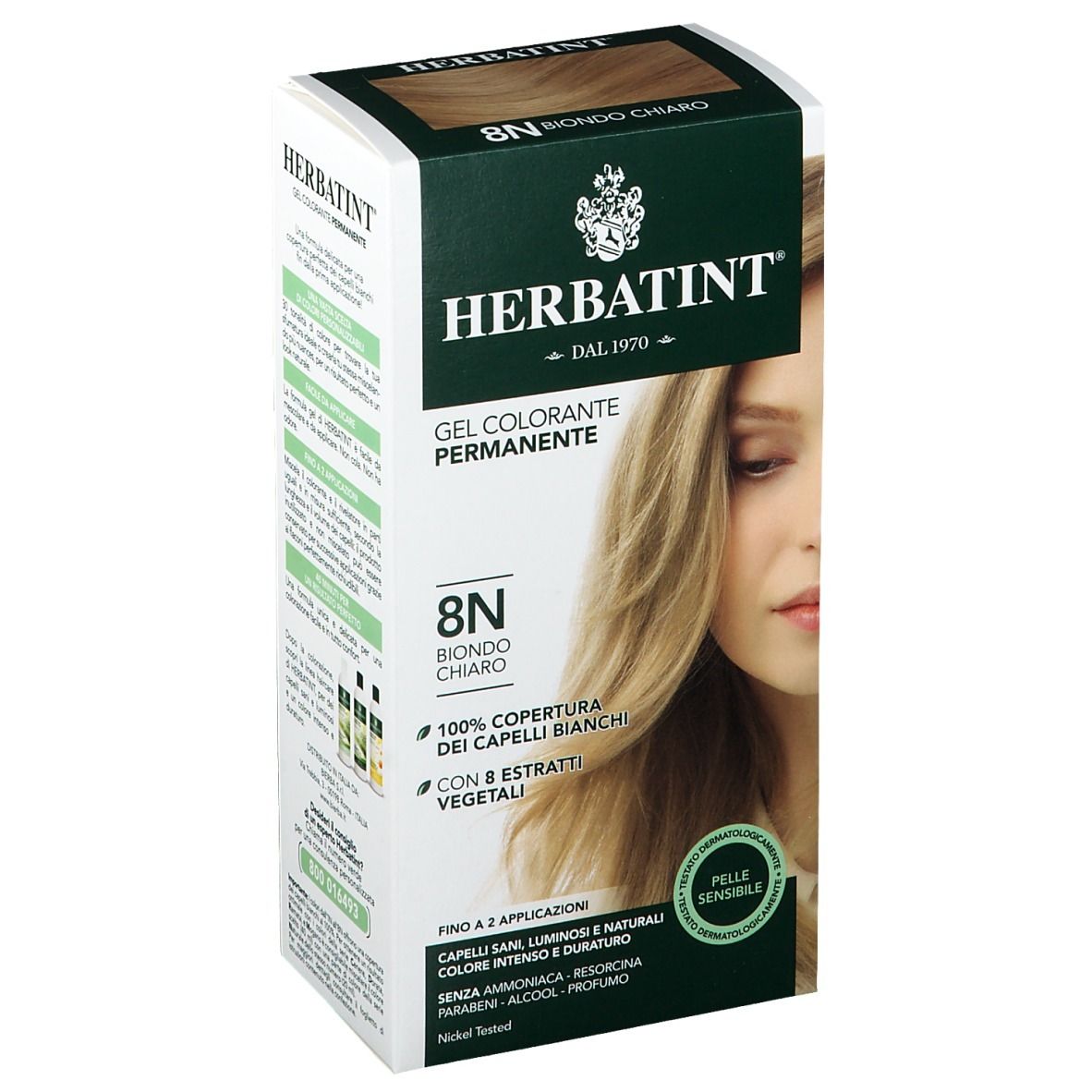 Confezione HERBATINT® 8N Biondo Chiaro. Scritta: Gel Colorante Permanente. Immagine di donna bionda. Etichetta: 100% copertura dei capelli bianchi.