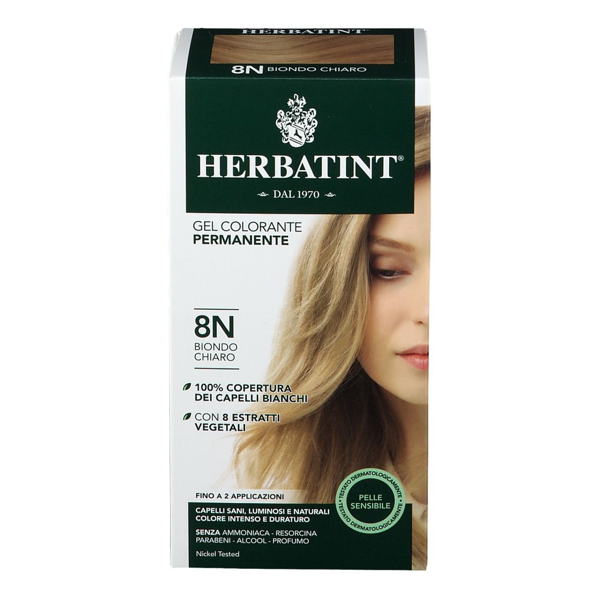 Confezione HERBATINT® 8N Biondo Chiaro. Scritta: Gel Colorante Permanente. Immagine di donna bionda. Etichetta: 100% copertura dei capelli bianchi.