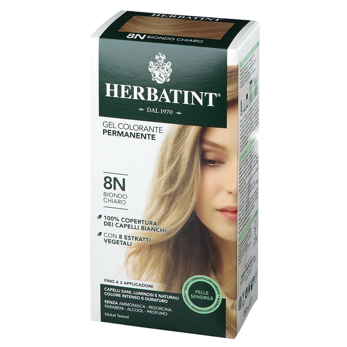 Confezione HERBATINT® 8N Biondo Chiaro. Scritta: Gel Colorante Permanente. Immagine di donna bionda. Etichetta: 100% copertura dei capelli bianchi.