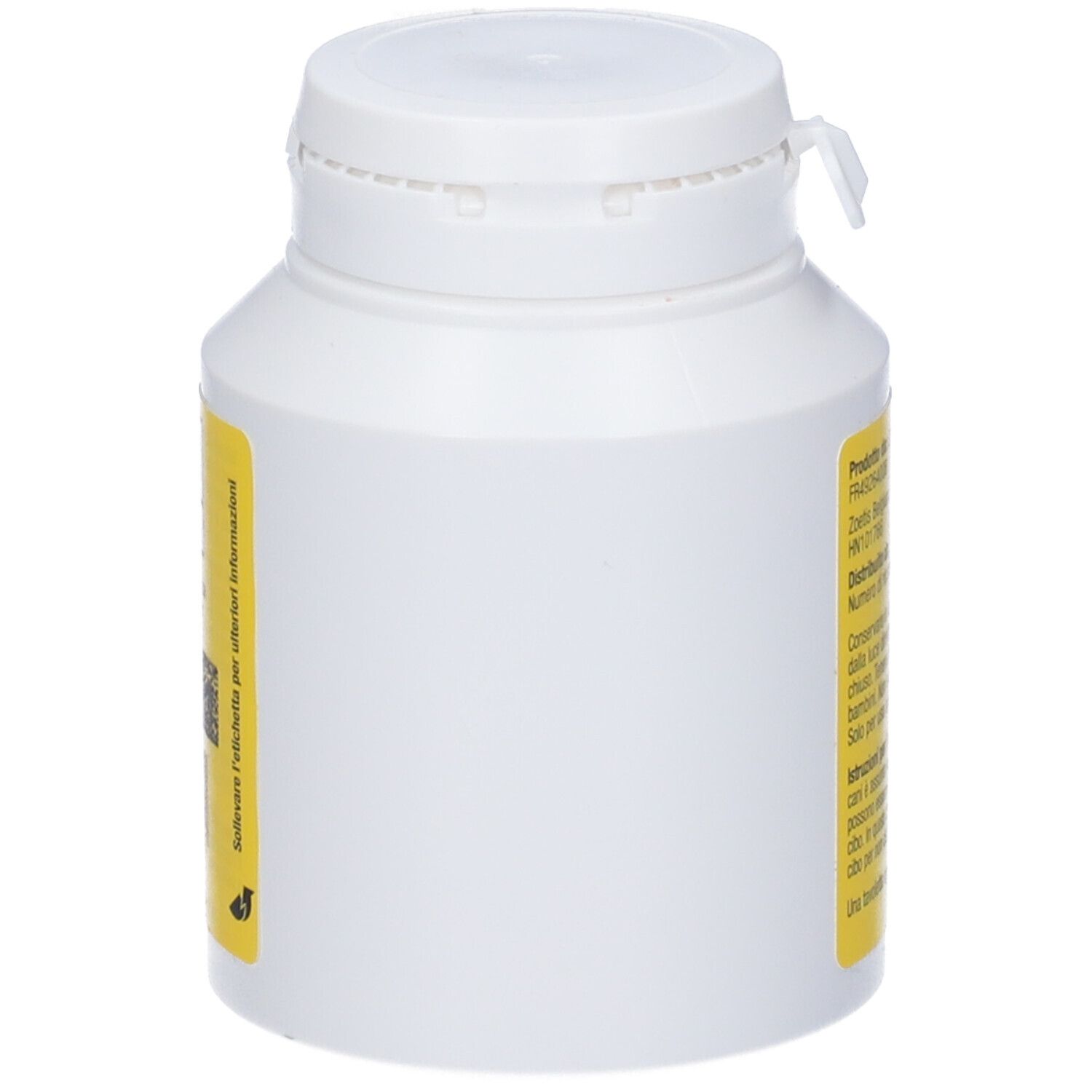 Flacone di plastica bianca con coperchio bianco. Etichetta gialla sul lato. Nessun altro dettaglio visibile.