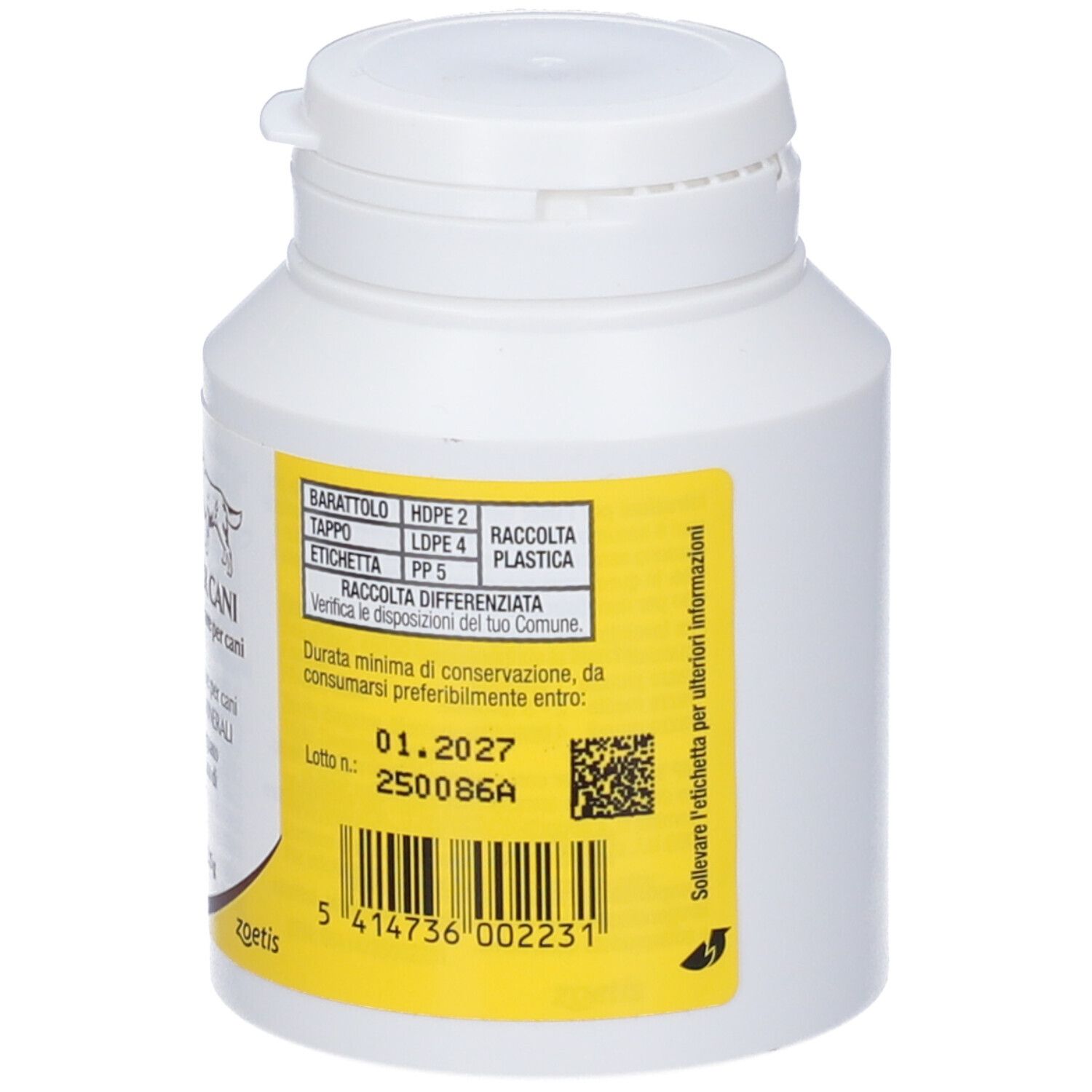 Flacone di plastica bianca con etichetta gialla. Informazioni ed un codice a barre sull'etichetta. Scadenza: 01.2027.