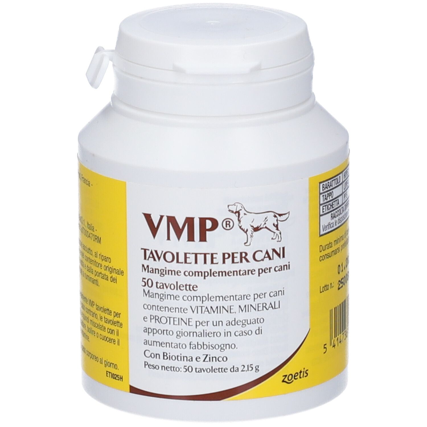 Flacone bianco con etichetta gialla. Scritta: VMP Tavolette per cani, 50 compresse. Contiene vitamine, minerali e proteine.
