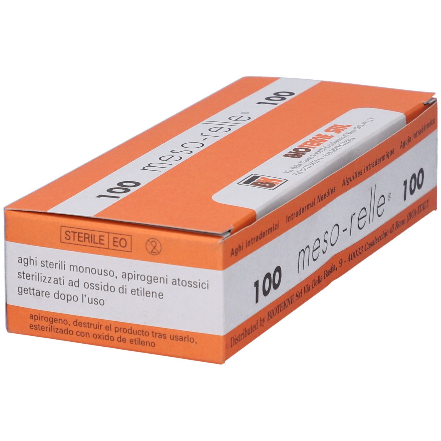 Scatola "meso-relle 100" con "Sterile EO". Contiene aghi sterili non tossici. Produttore: BIOTEKNE SRL.