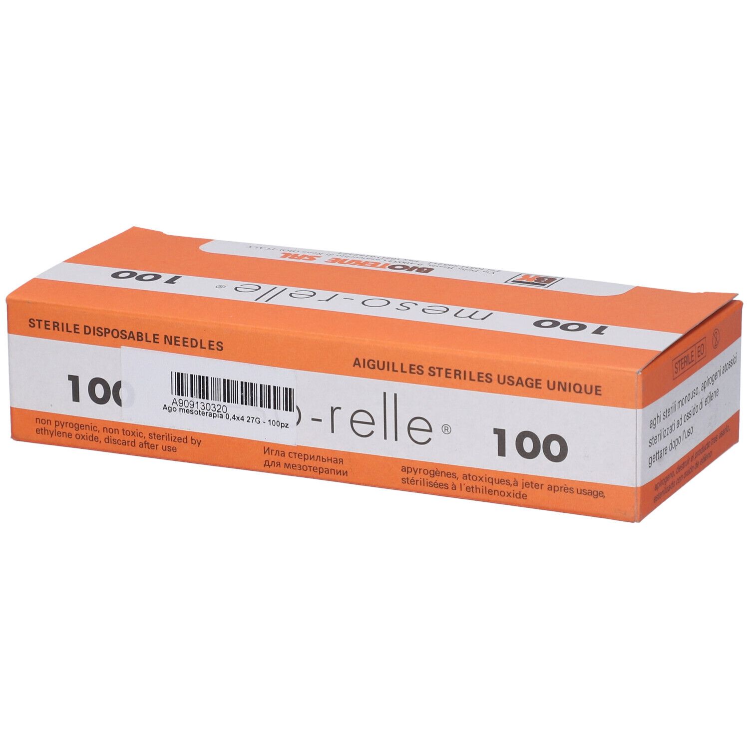 Scatola arancione e bianca "meso-relle 100". Contiene aghi sterili monouso. Produttore: BIOTEKNE SRL.