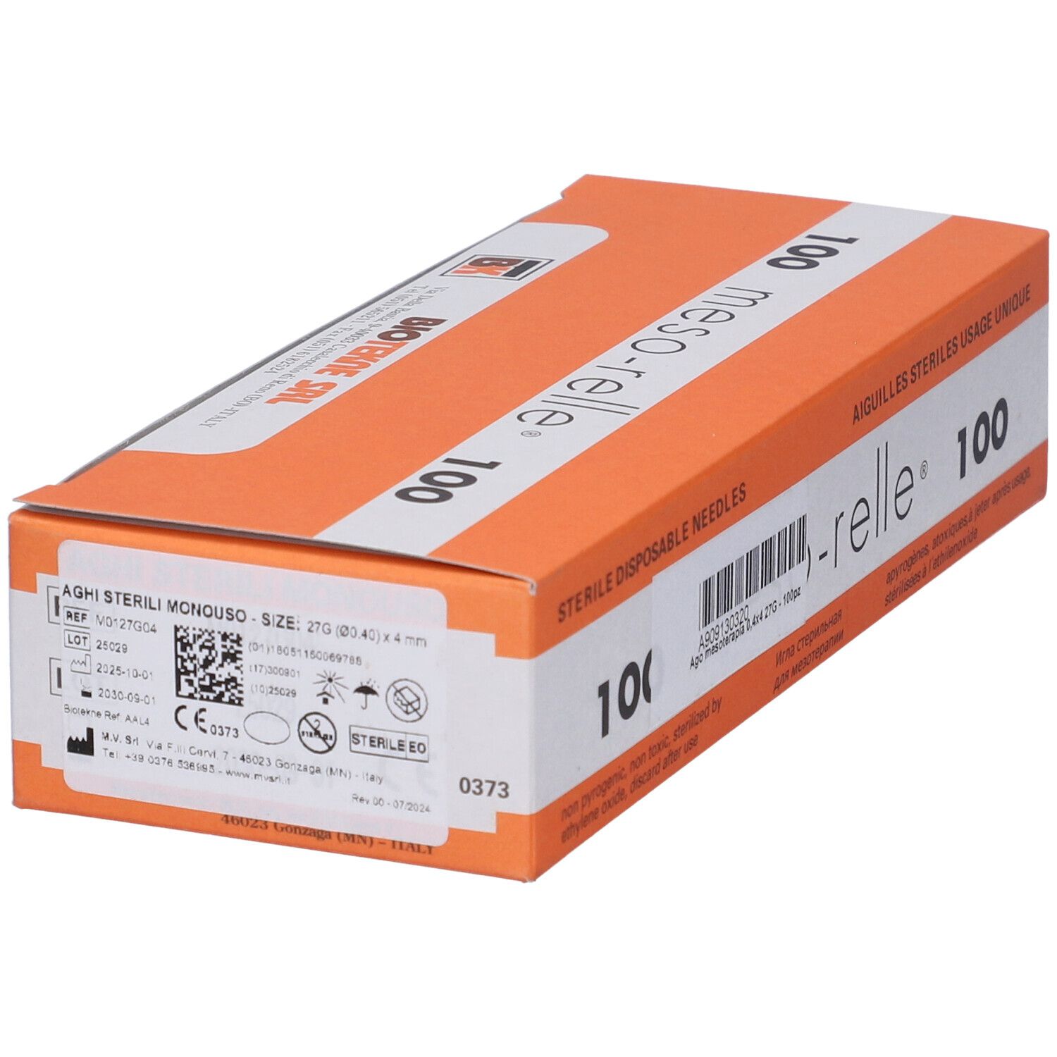 Scatola "meso-relle 100" con informazioni prodotto e marchio CE. Contiene aghi sterili. Produttore: BIOTEKNE SRL.