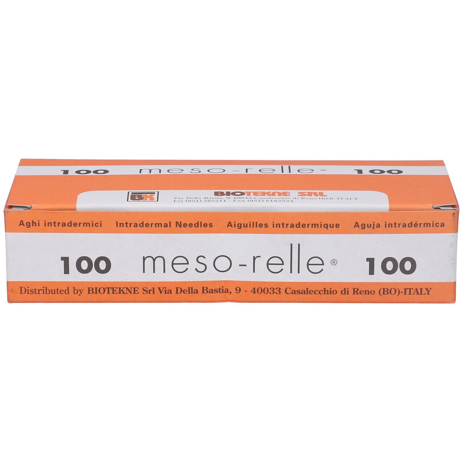 Scatola arancione e bianca "meso-relle 100". Contiene aghi intradermici. Produttore: BIOTEKNE SRL.