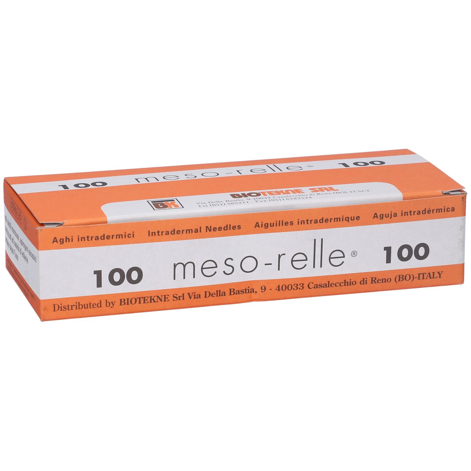 Scatola arancione e bianca "meso-relle 100". Contiene aghi intradermici. Produttore: BIOTEKNE SRL.