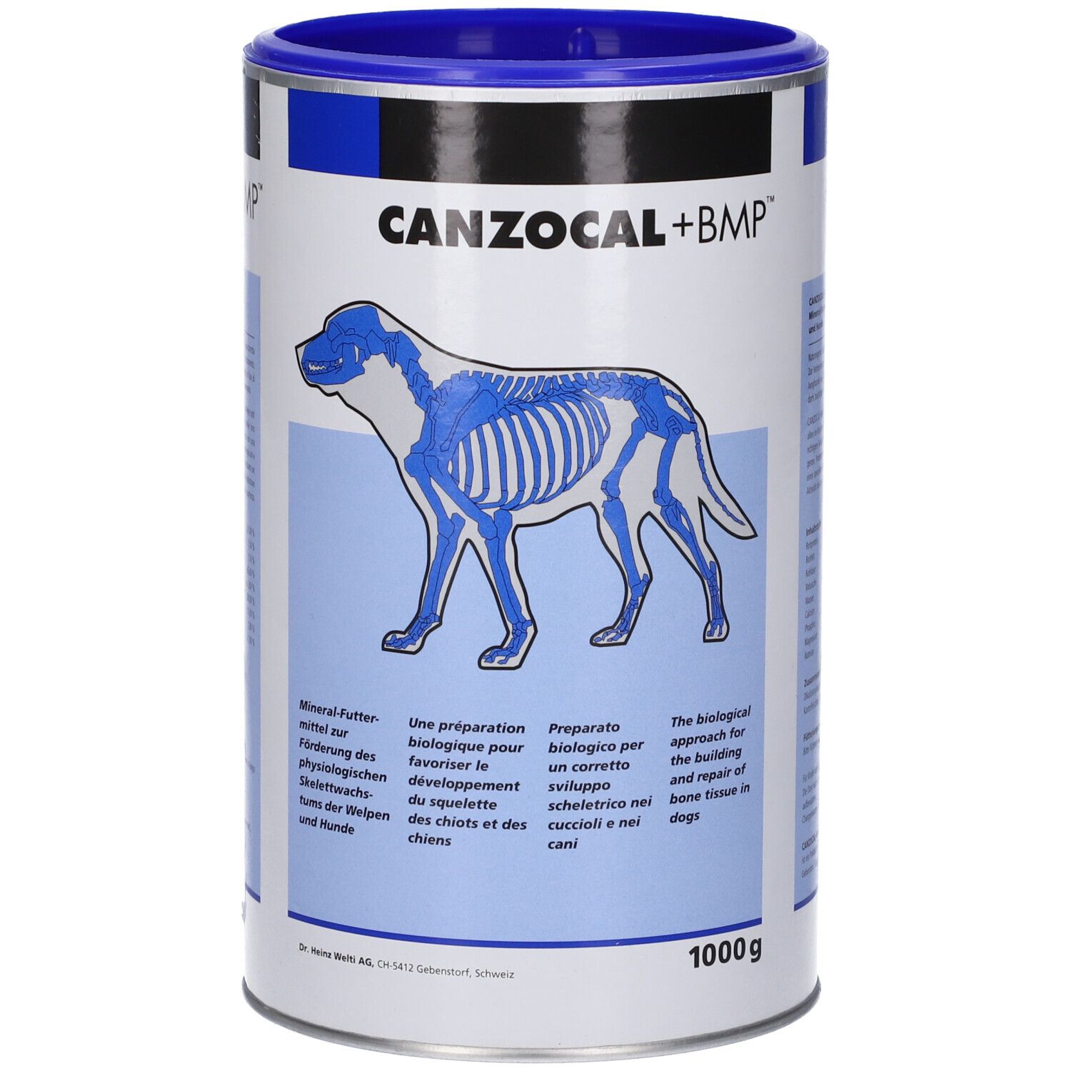 Latta CANZOCAL+BMP, 1000g. Illustrazione scheletro canino. Testo in tedesco, francese, italiano, inglese. Design blu e bianco.