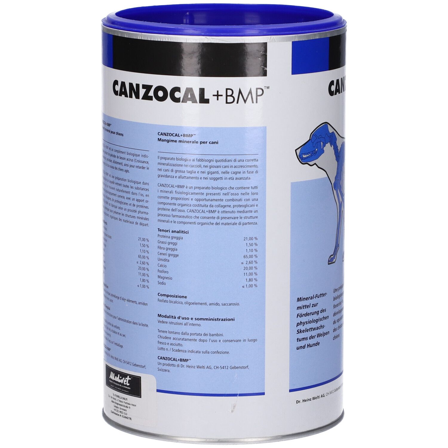 Latta CANZOCAL+BMP. Retro con informazioni sul prodotto. Testo in tedesco, francese, italiano, inglese. Design blu e bianco.