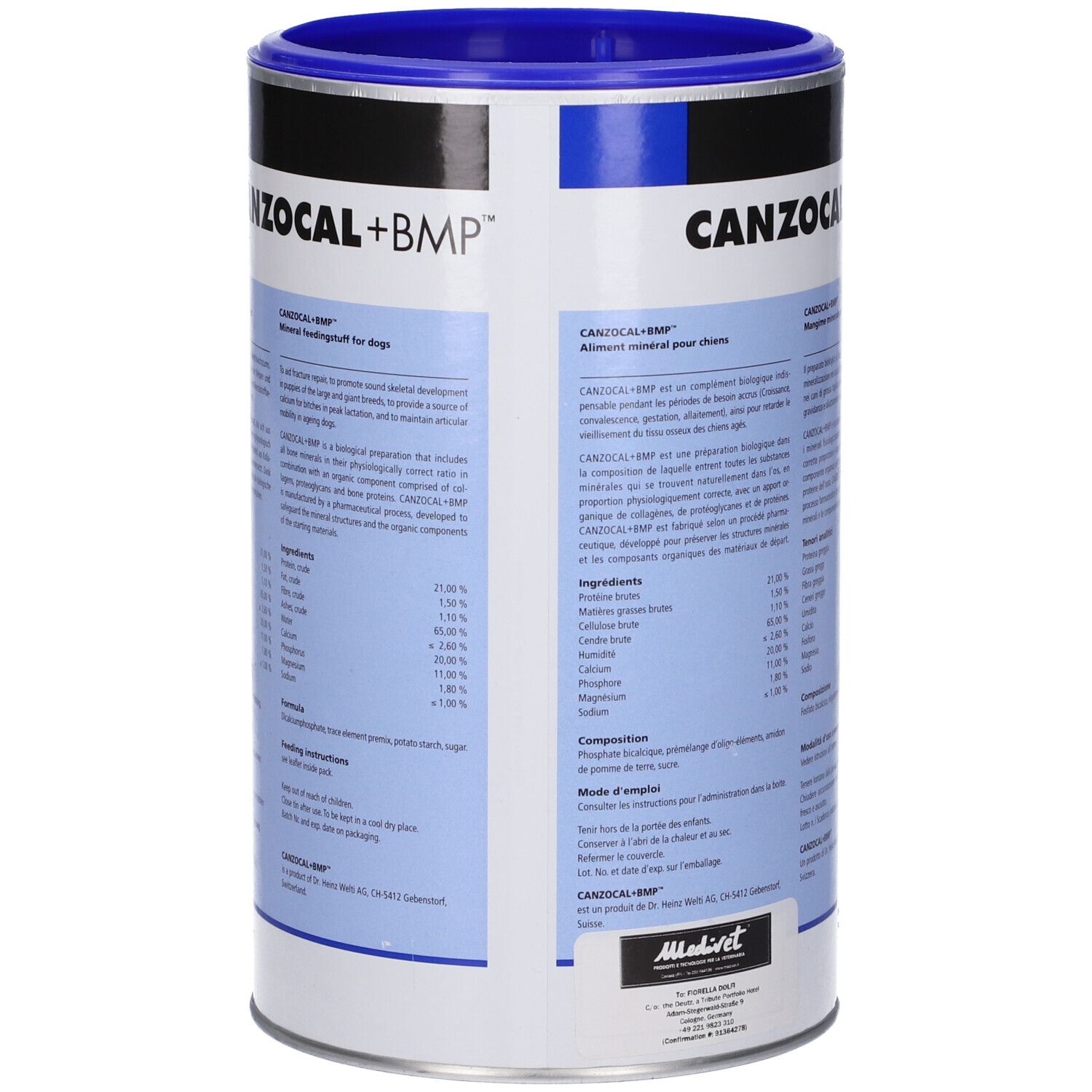 Latta CANZOCAL+BMP. Retro con informazioni sul prodotto. Testo in tedesco, francese, italiano, inglese. Design blu e bianco.