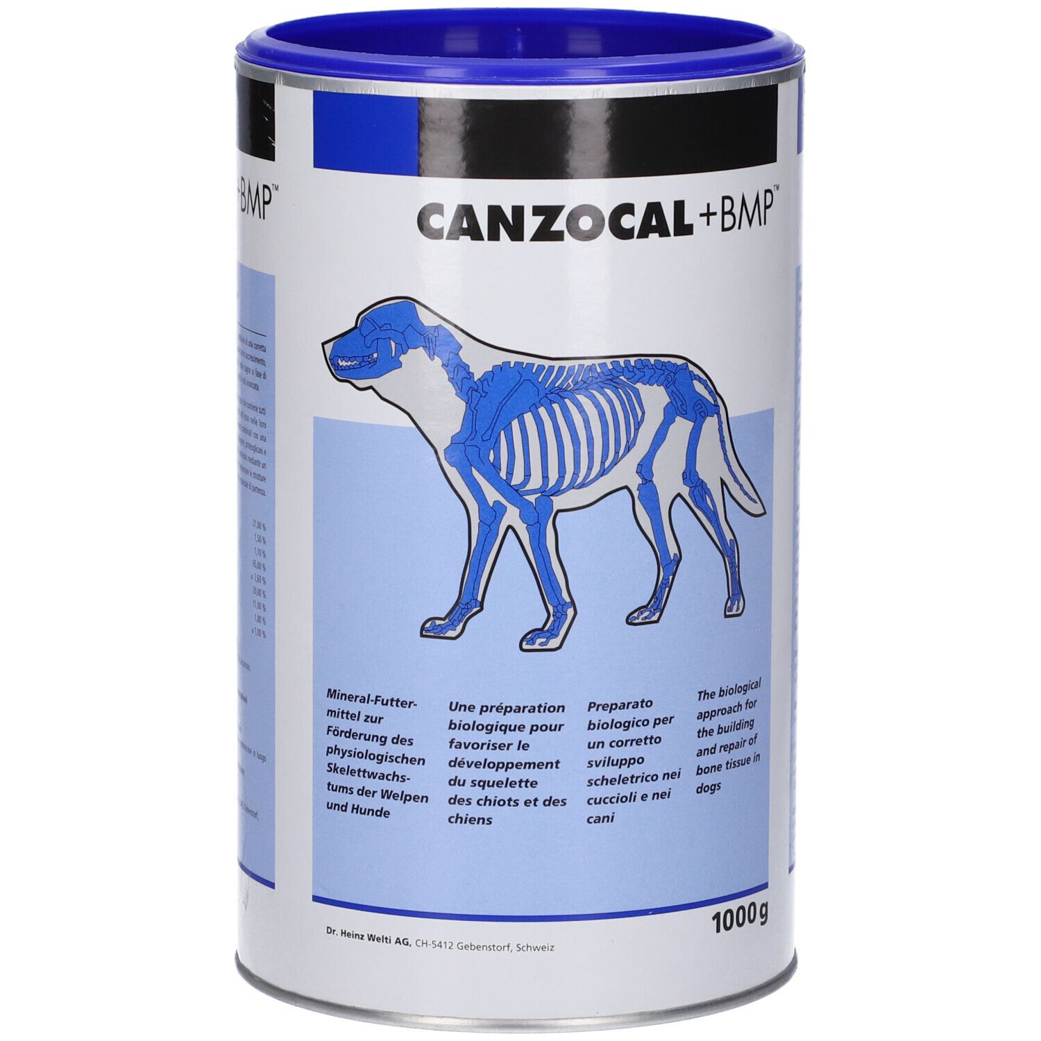 Latta CANZOCAL+BMP, 1000g. Illustrazione scheletro canino. Testo in tedesco, francese, italiano, inglese. Design blu e bianco.