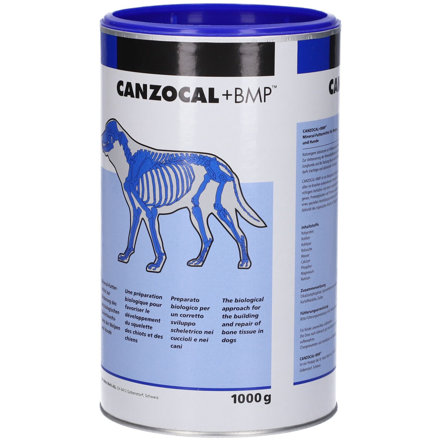 Latta CANZOCAL+BMP, 1000g. Illustrazione scheletro canino. Testo in tedesco, francese, italiano, inglese. Design blu e bianco.