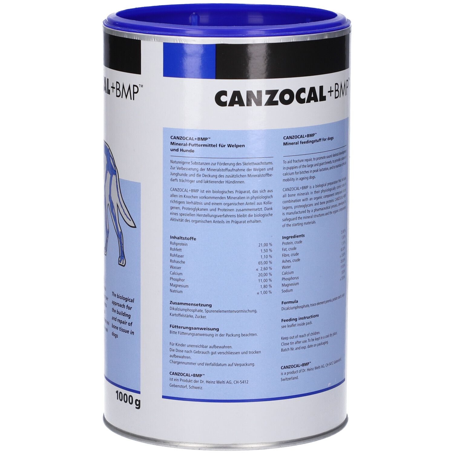 Latta CANZOCAL+BMP. Retro con informazioni sul prodotto. Testo in tedesco, francese, italiano, inglese. Design blu e bianco.