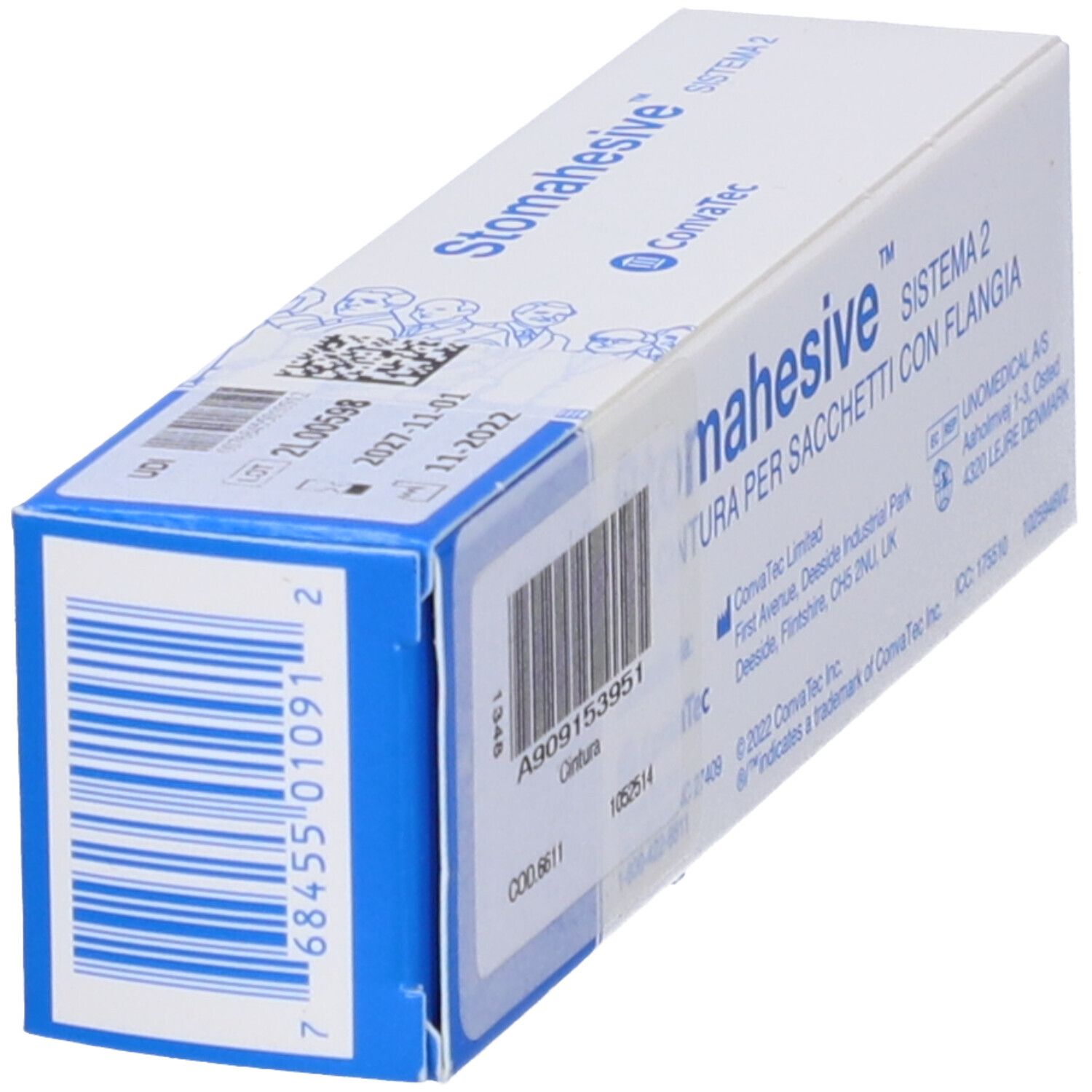 Confezione. Testo: Stomahesive, Sistema 2, Convatec. Con codice a barre e info.