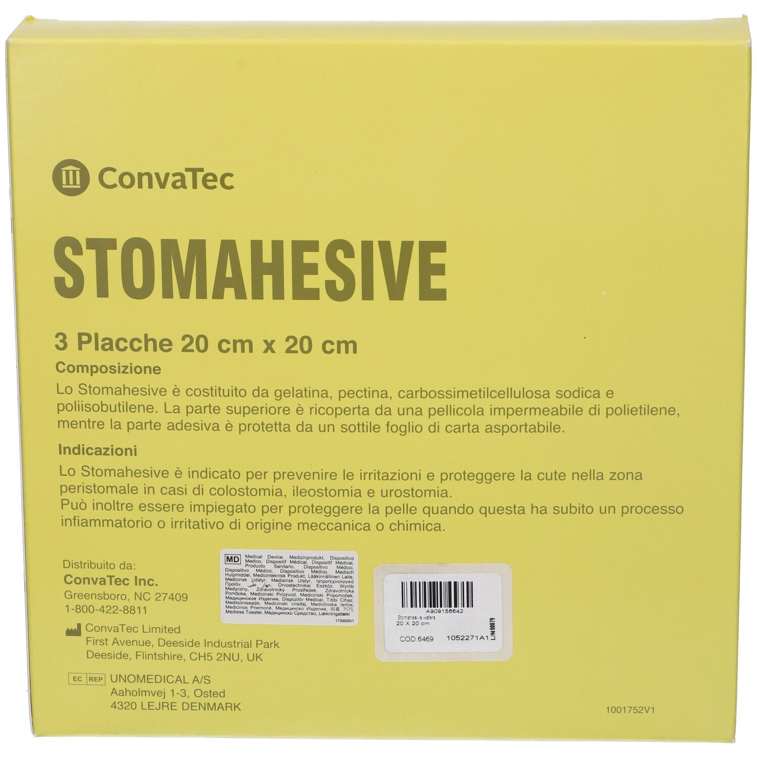 Confezione gialla con stampa bianca. Stomahesive, 3 placche 20 x 20 cm. Marchio Convatec.
