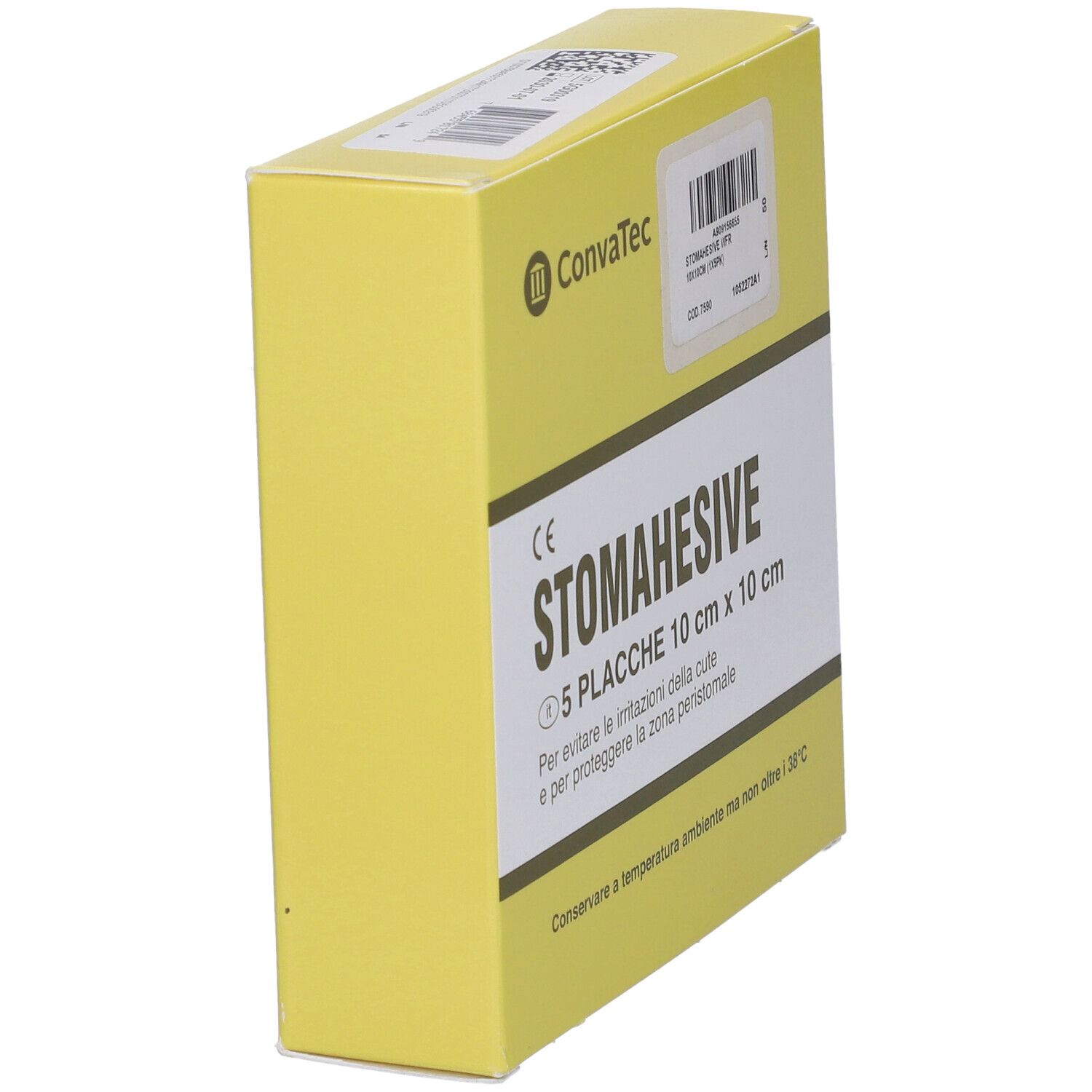 Scatola gialla con placche Stomahesive. Marchio ConvaTec. Scritto: 5 placche 10 cm x 10 cm.