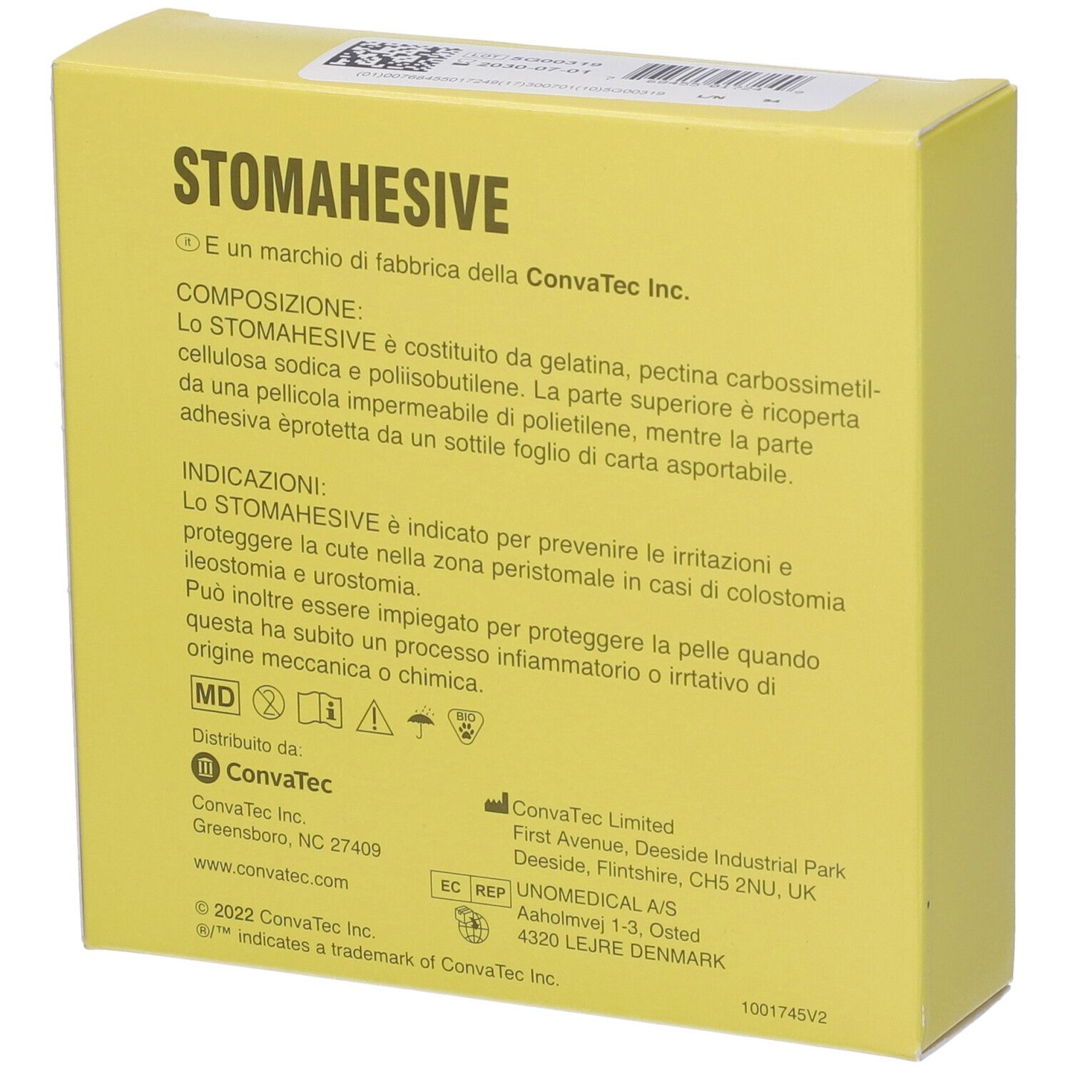 Retro della scatola gialla con placche Stomahesive. Testo: composizione, indicazioni, ConvaTec.