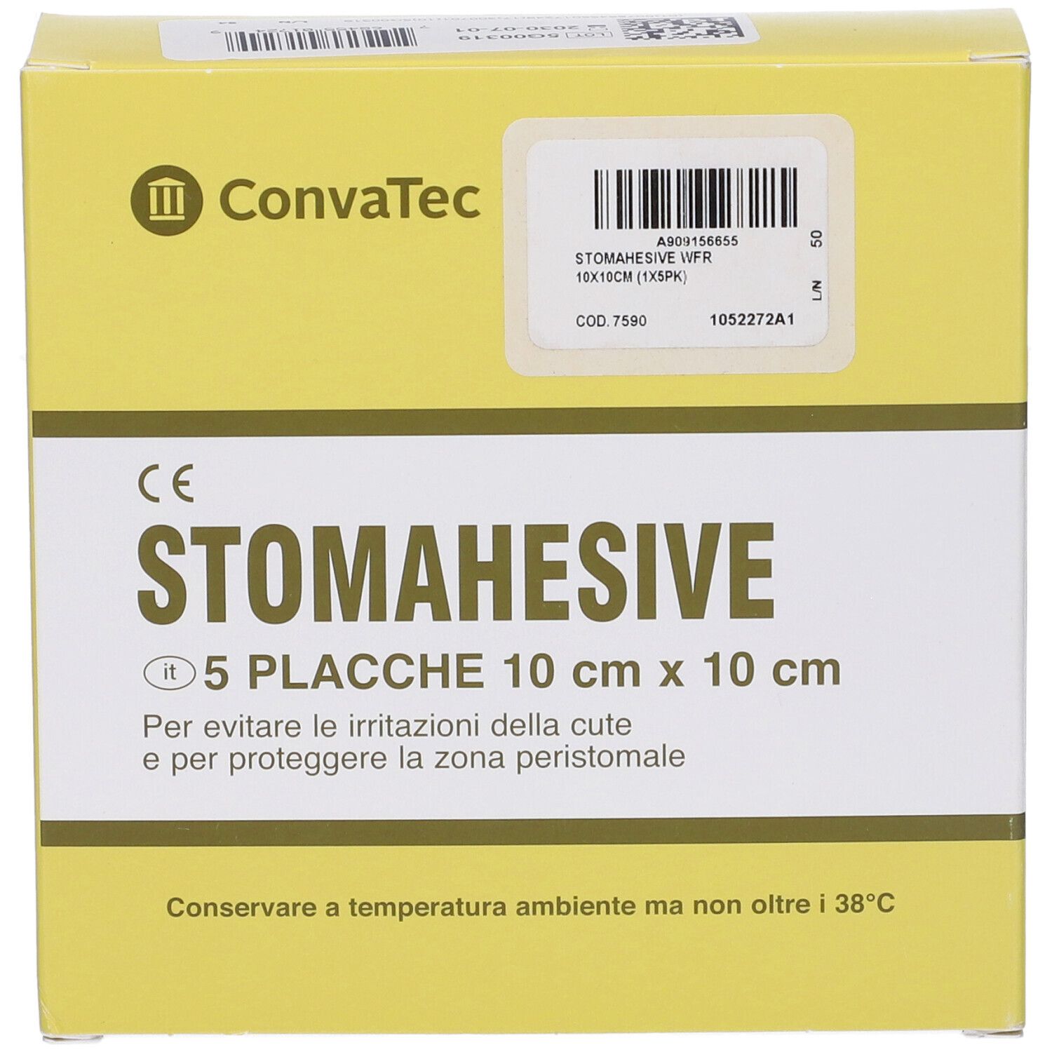 Scatola gialla con placche Stomahesive. Testo: 5 placche 10 cm x 10 cm. Marchio ConvaTec.