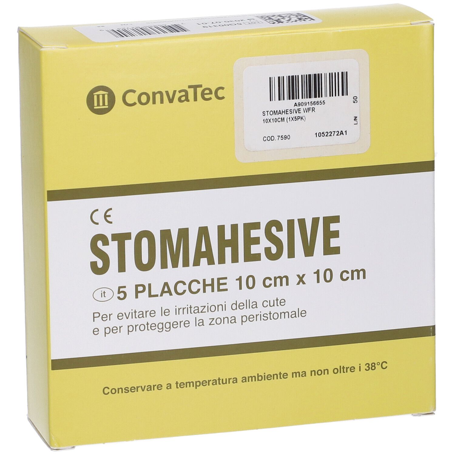 Scatola gialla con placche Stomahesive. Testo: 5 placche 10 cm x 10 cm. Marchio ConvaTec.