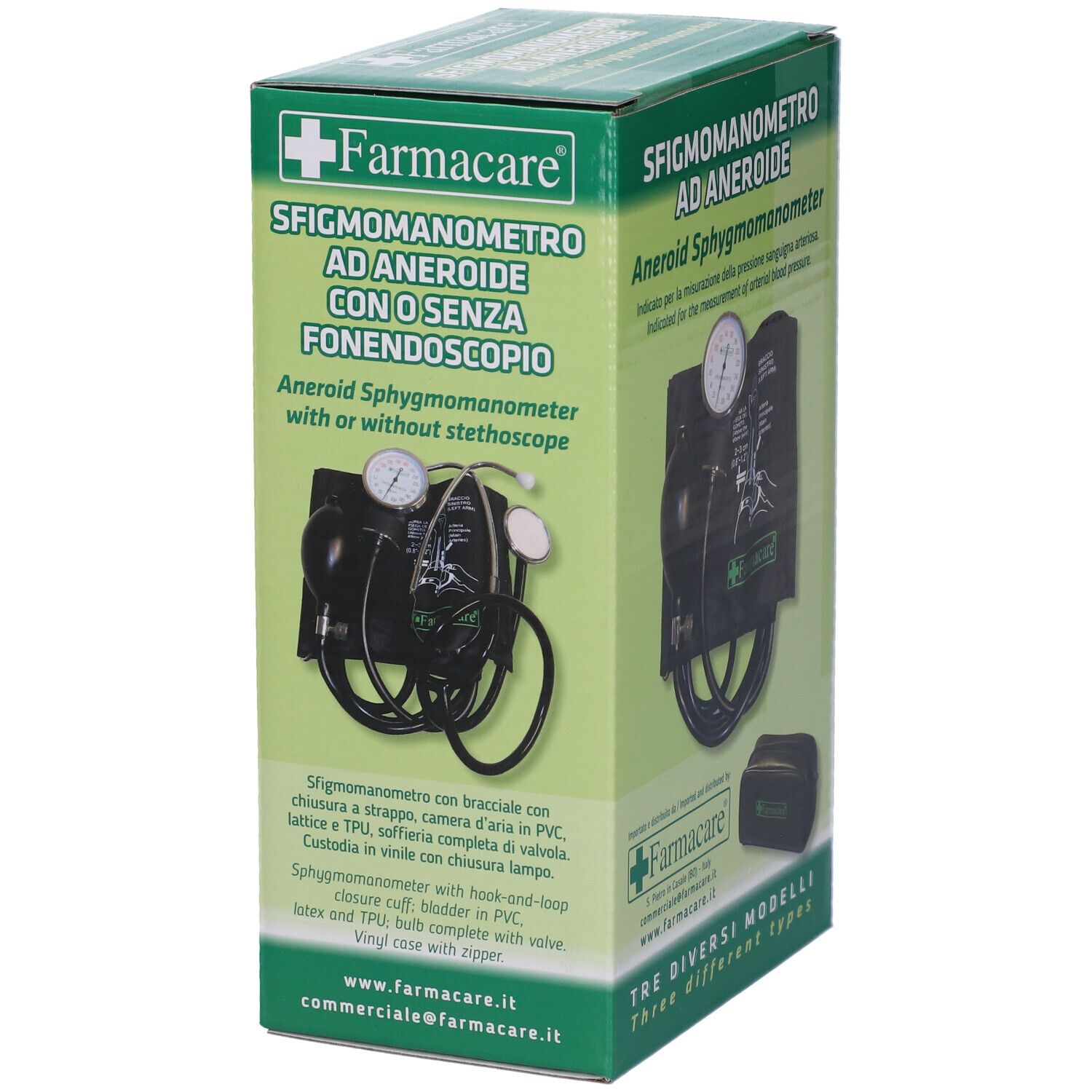 Sfigmomanometro aneroide con o senza stetoscopio in confezione. Bracciale nero, manometro, stetoscopio. Marchio: Farmacare.