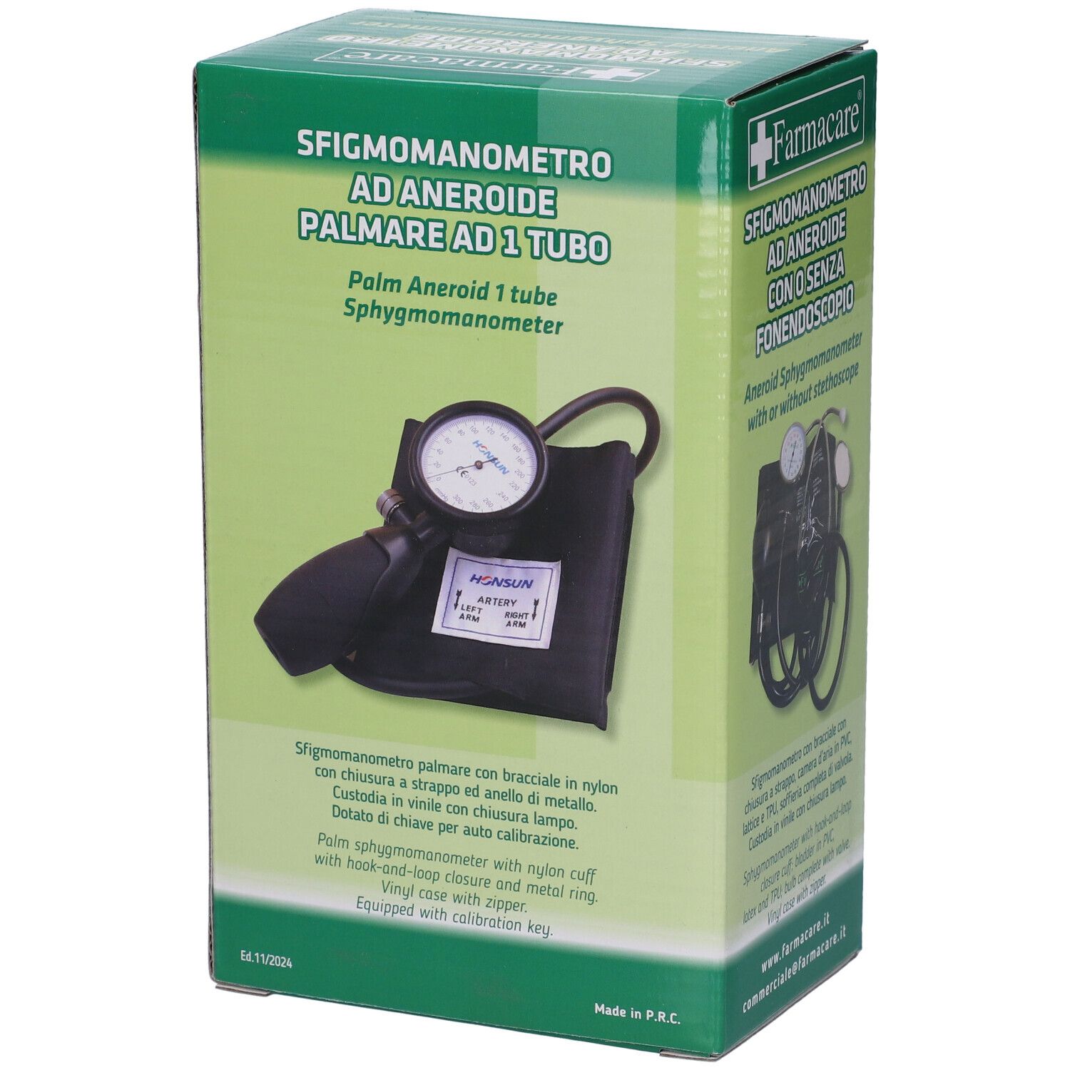 Sfigmomanometro aneroide palmare in confezione. Bracciale nero, manometro. Marchio: Farmacare.
