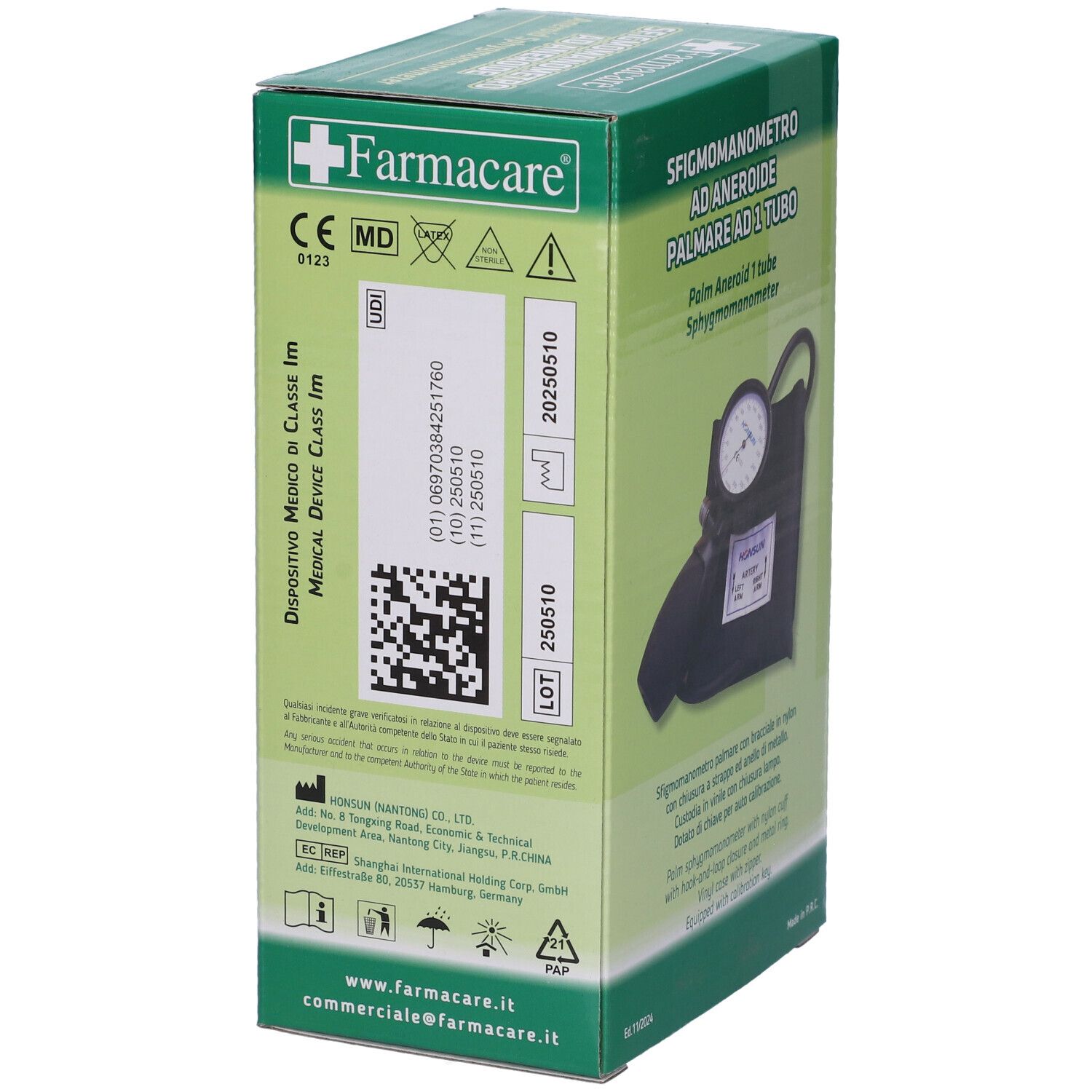 Retro della confezione di uno sfigmomanometro. Testo e codice a barre. Marchio: Farmacare. Dispositivo medico di classe Im.
