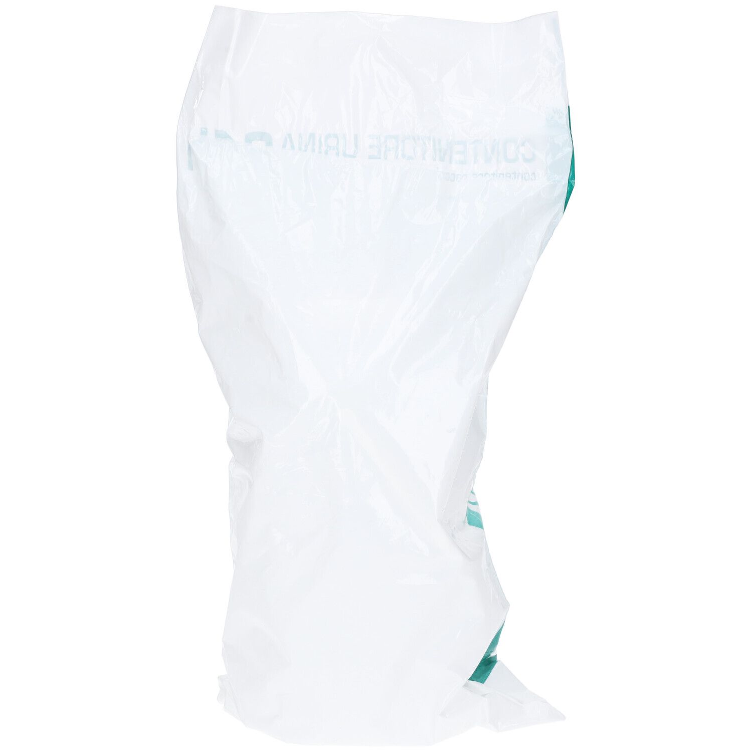 Sacchetto bianco, parzialmente trasparente. Scritta "Contenitore Urina" in verde. Confezione vuota.