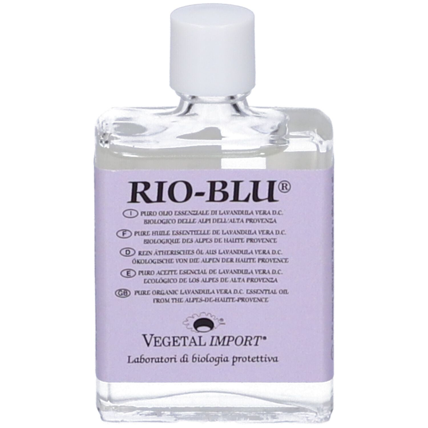 Flacone trasparente con tappo bianco. Etichetta con testo: RIO-BLU, varie lingue.