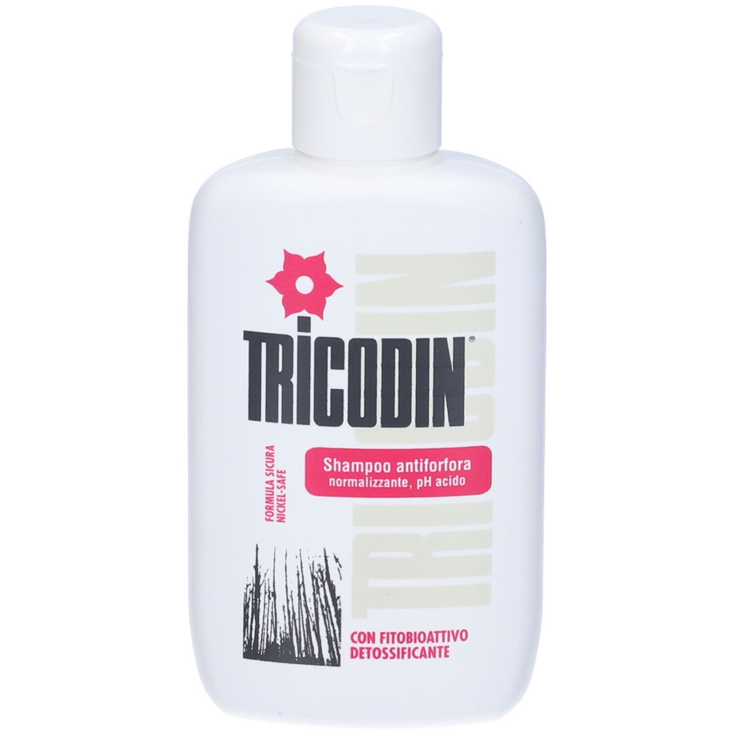 Flacone bianco con tappo bianco. Scritta Tricodin Shampoo Antiforfora. Con logo e testo.