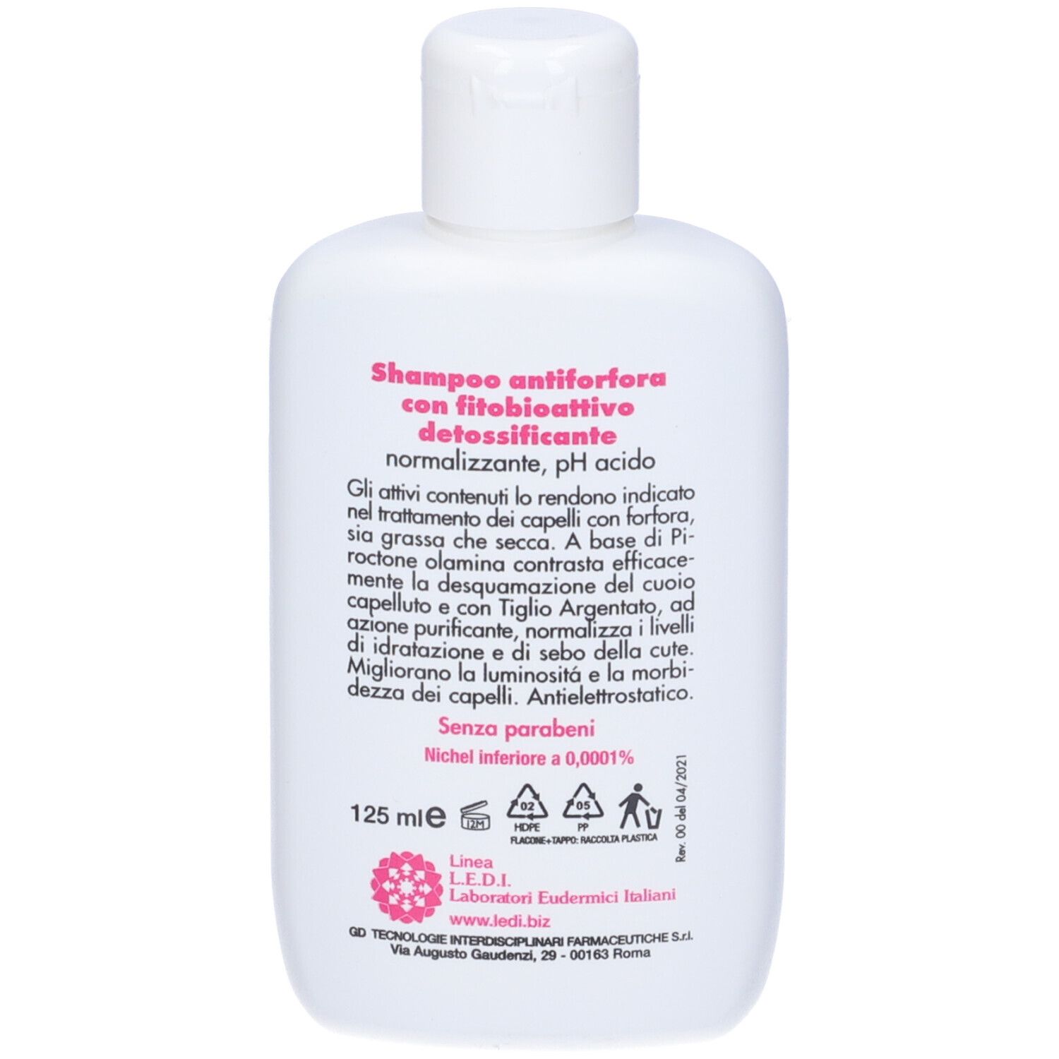 Retro di un flacone bianco. Testo: Shampoo Antiforfora, pH. Con logo e testo.