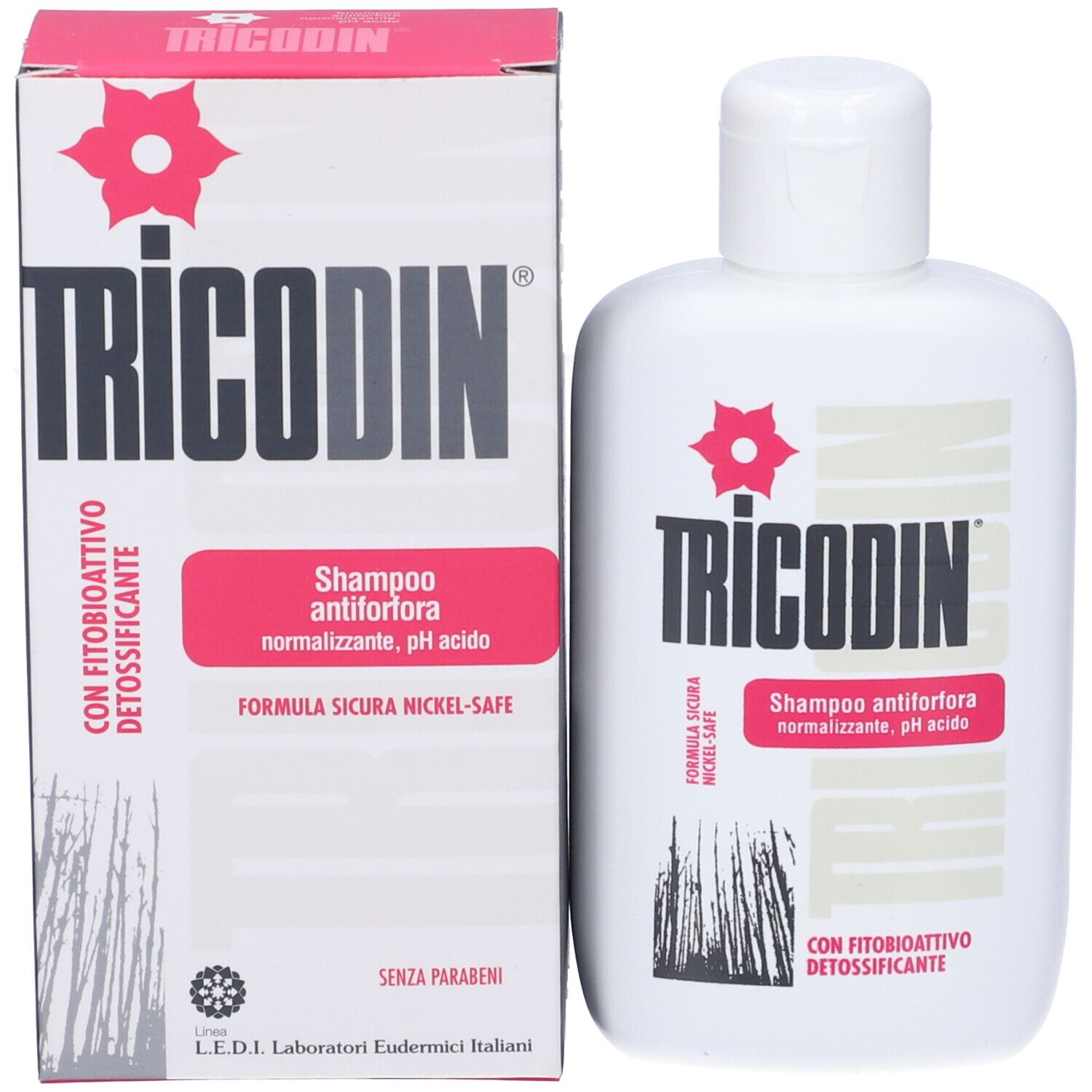 Flacone e scatola bianchi. Scritta Tricodin Shampoo Antiforfora. Con logo e testo.