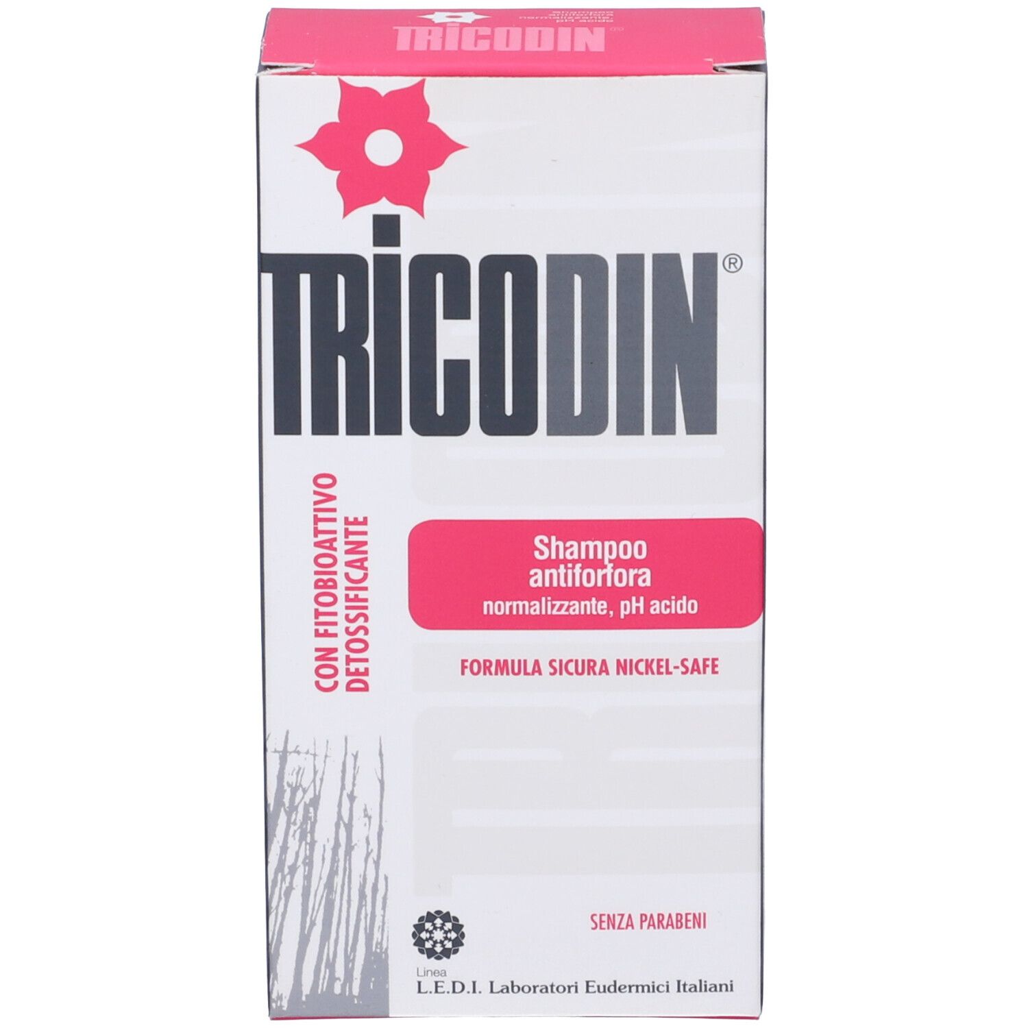 Scatola con scritta Tricodin Shampoo Antiforfora. Con logo e testo.