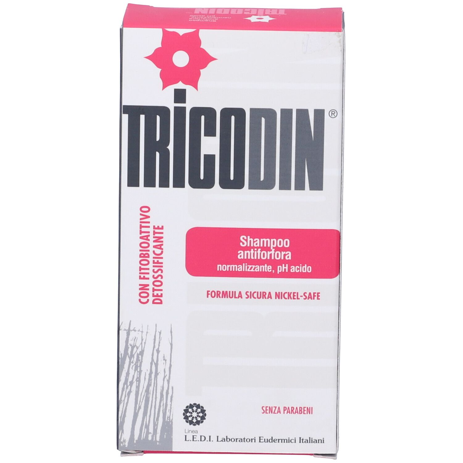Scatola con scritta Tricodin Shampoo Antiforfora. Con logo e testo.