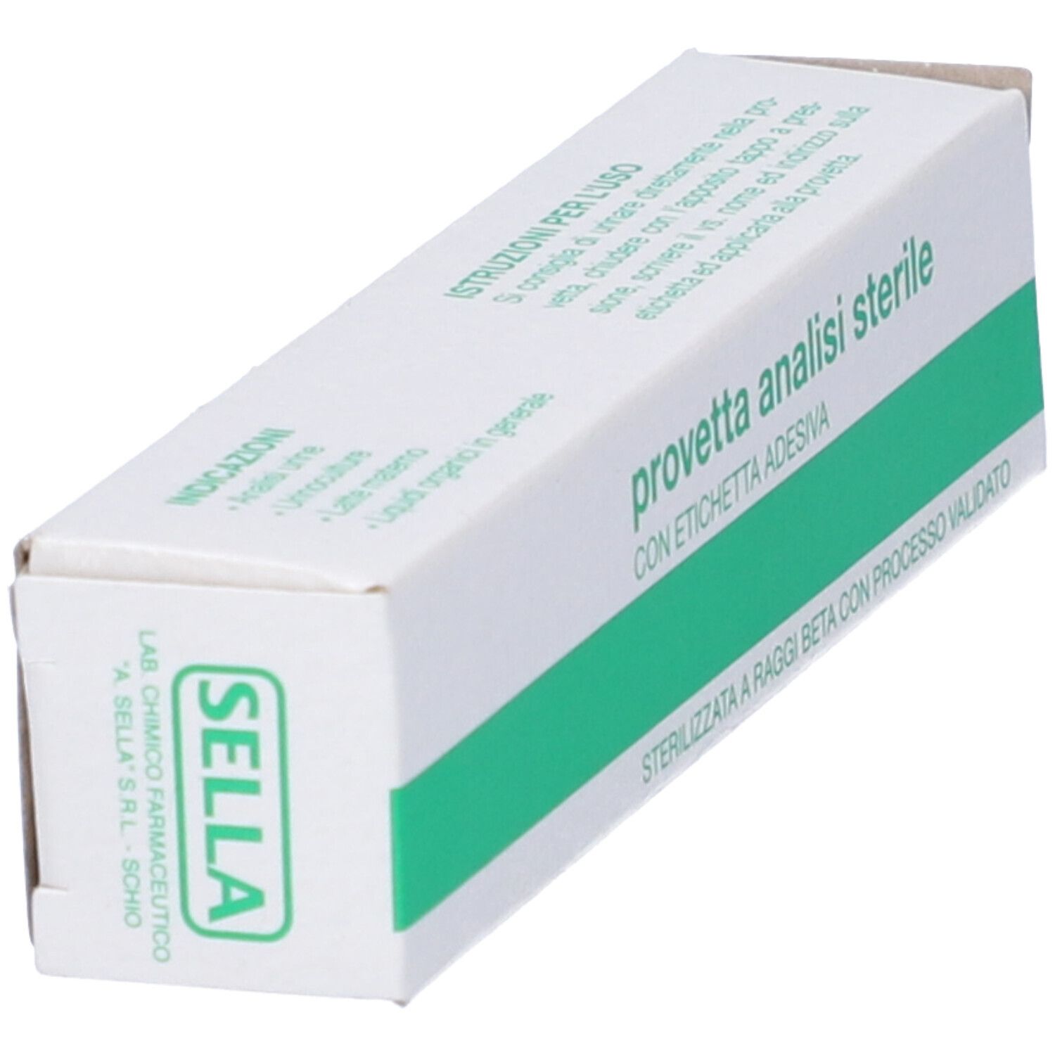 Scatola con 'SELLA' e 'provetta analisi sterile'. Confezione bianca e verde. Testo in italiano.