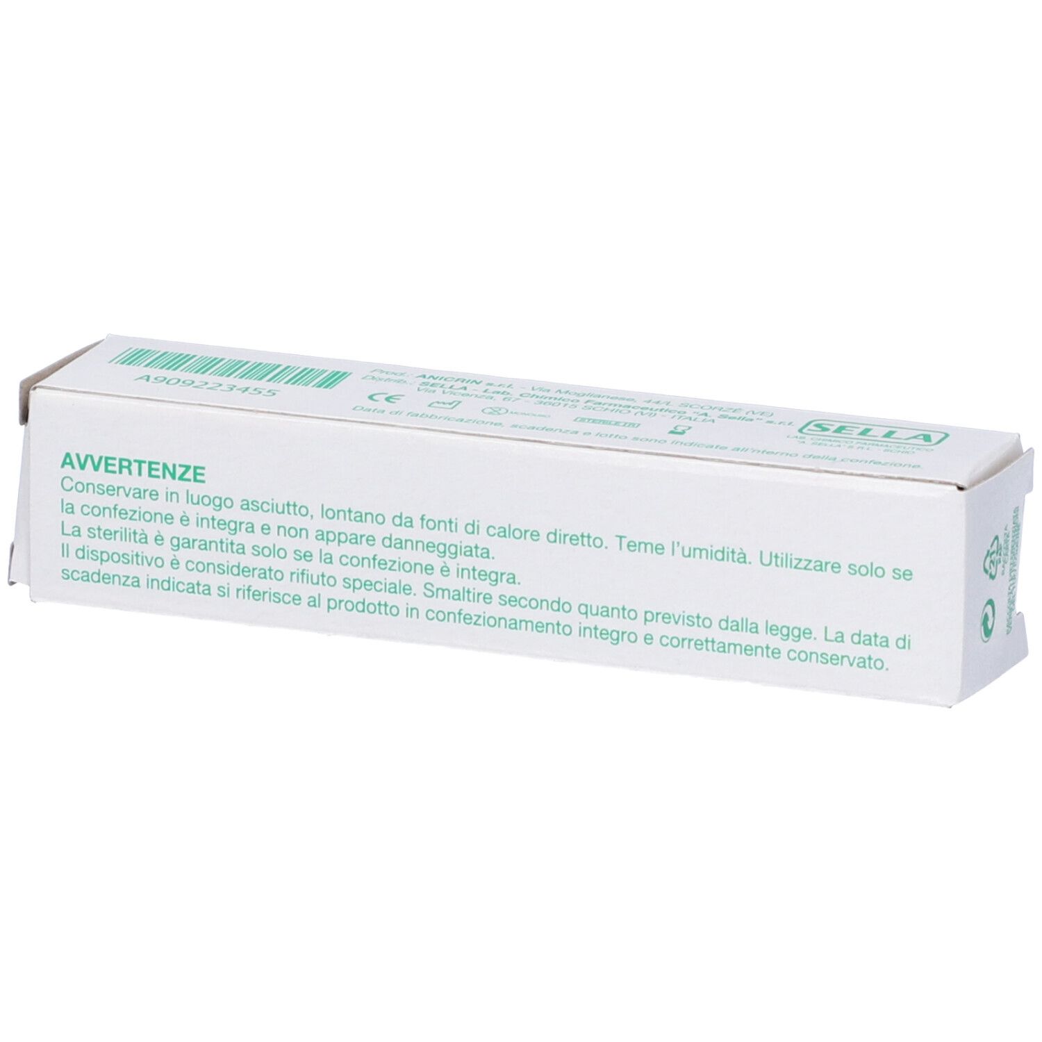 Scatola bianca con testo in italiano. Logo 'SELLA'. Confezione verde e bianca. Testo sulle precauzioni.