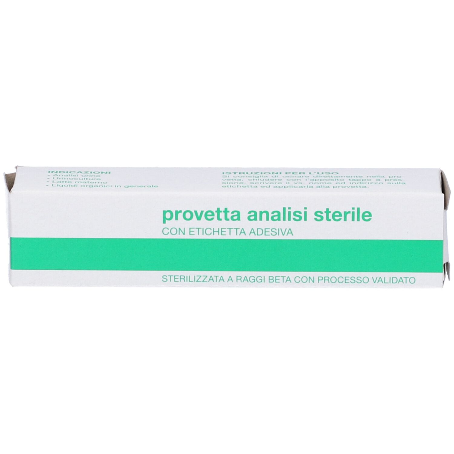 Scatola con 'provetta analisi sterile'. Confezione verde e bianca. Testo in italiano.