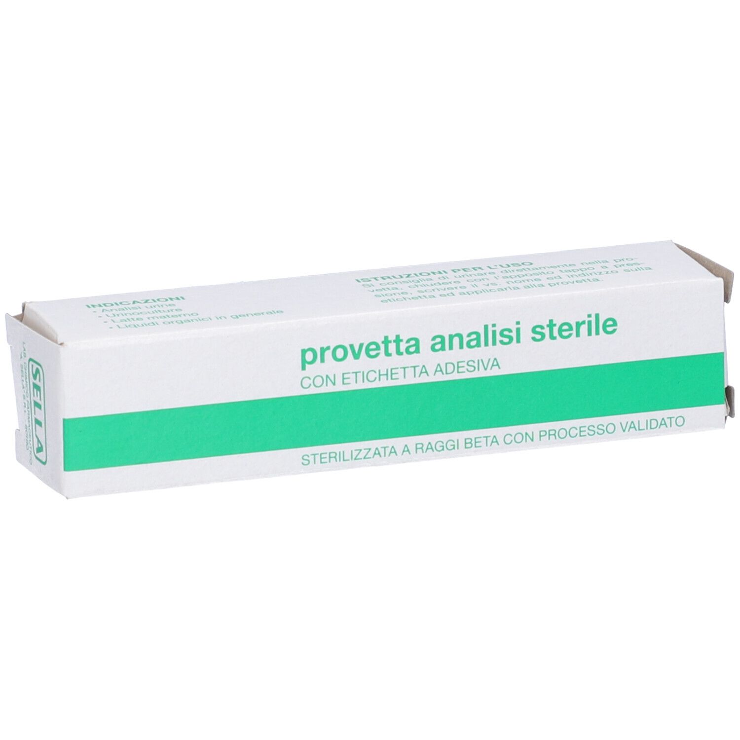 Scatola con 'provetta analisi sterile'. Confezione verde e bianca. Testo in italiano.