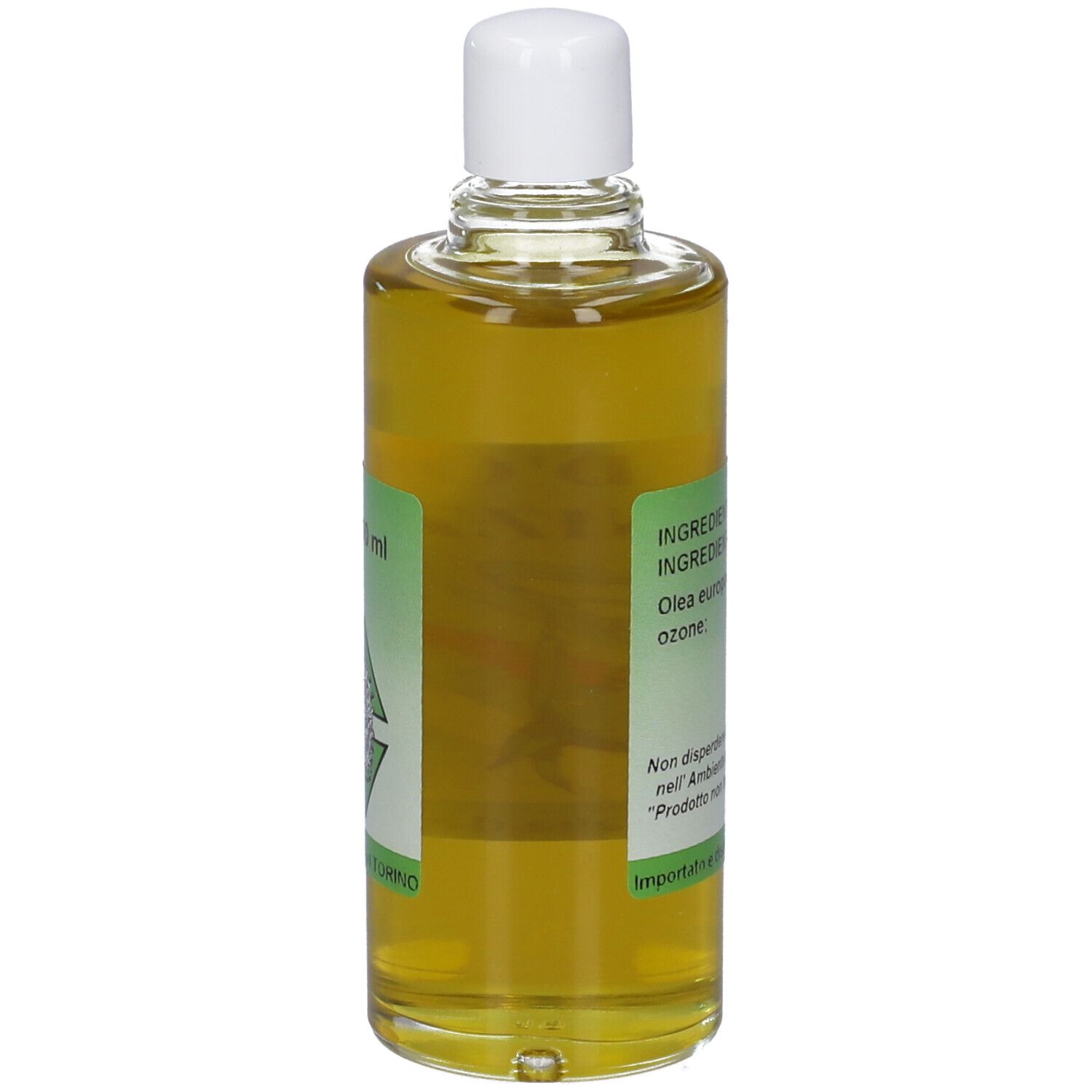 Vista laterale della bottiglia Olio Oliva Ozonizzato. Liquido giallastro in bottiglia di vetro trasparente.